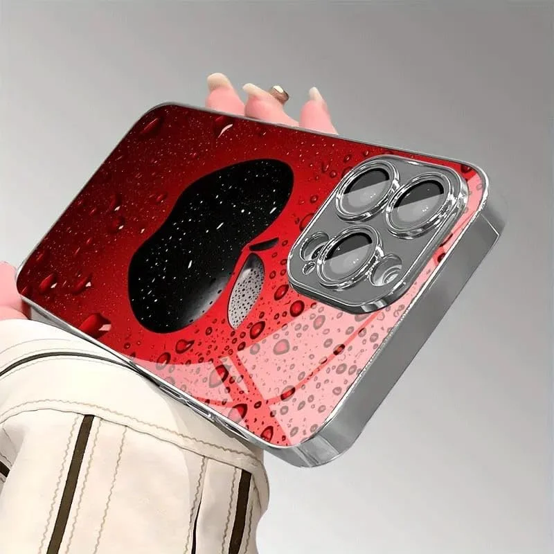 قاب گوشی شیشه ای طرح سیب قرمز قطره آب با محافظ لنز - کاور پشتی ضد ضربه سازگار با آیفون 16 پرو مکس، شیک و بادوام