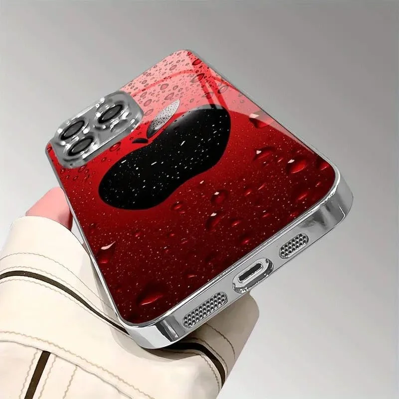 قاب گوشی شیشه ای طرح سیب قرمز قطره آب با محافظ لنز - کاور پشتی ضد ضربه سازگار با آیفون 16 پرو مکس، شیک و بادوام