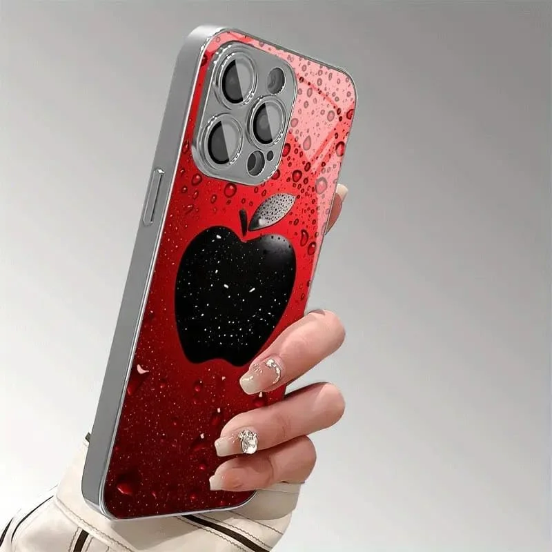 قاب گوشی شیشه ای طرح سیب قرمز قطره آب با محافظ لنز - کاور پشتی ضد ضربه سازگار با آیفون 16 پرو مکس، شیک و بادوام