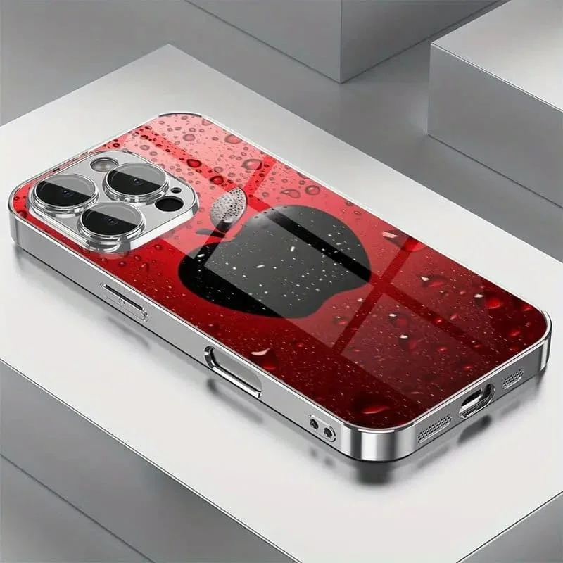 قاب گوشی شیشه ای طرح سیب قرمز قطره آب با محافظ لنز - کاور پشتی ضد ضربه سازگار با آیفون 16 پرو مکس، شیک و بادوام