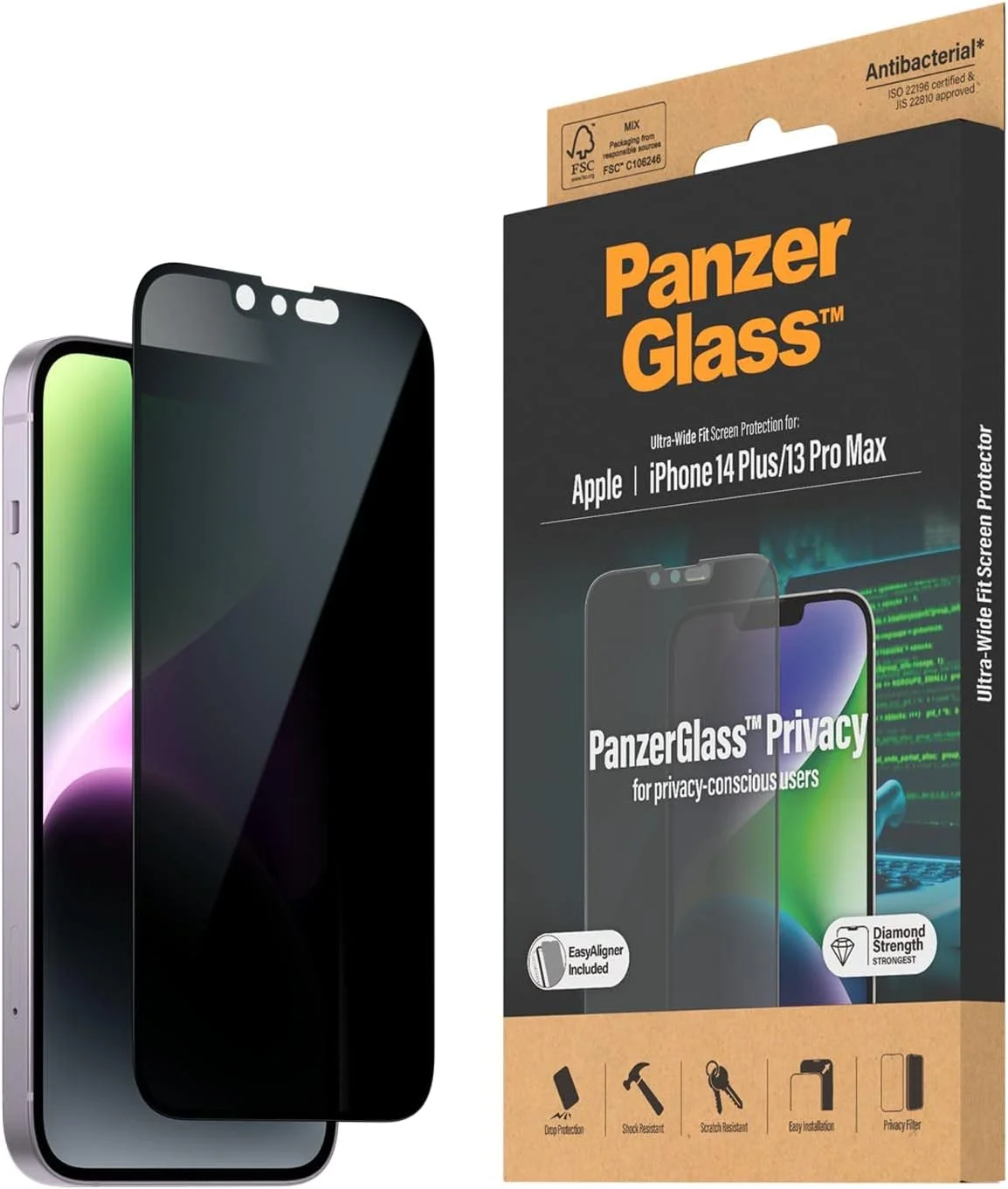 محافظ صفحه نمایش حریم خصوصی PanzerGlass CLASSIC FIT برای Apple iPhone 14 Plus 2022 6.7 اینچ - فیلتر حریم خصوصی شیشه ای حرارت دیده با پوشش ضد میکروبی، سازگار با قاب، استحکام الماس - شفاف