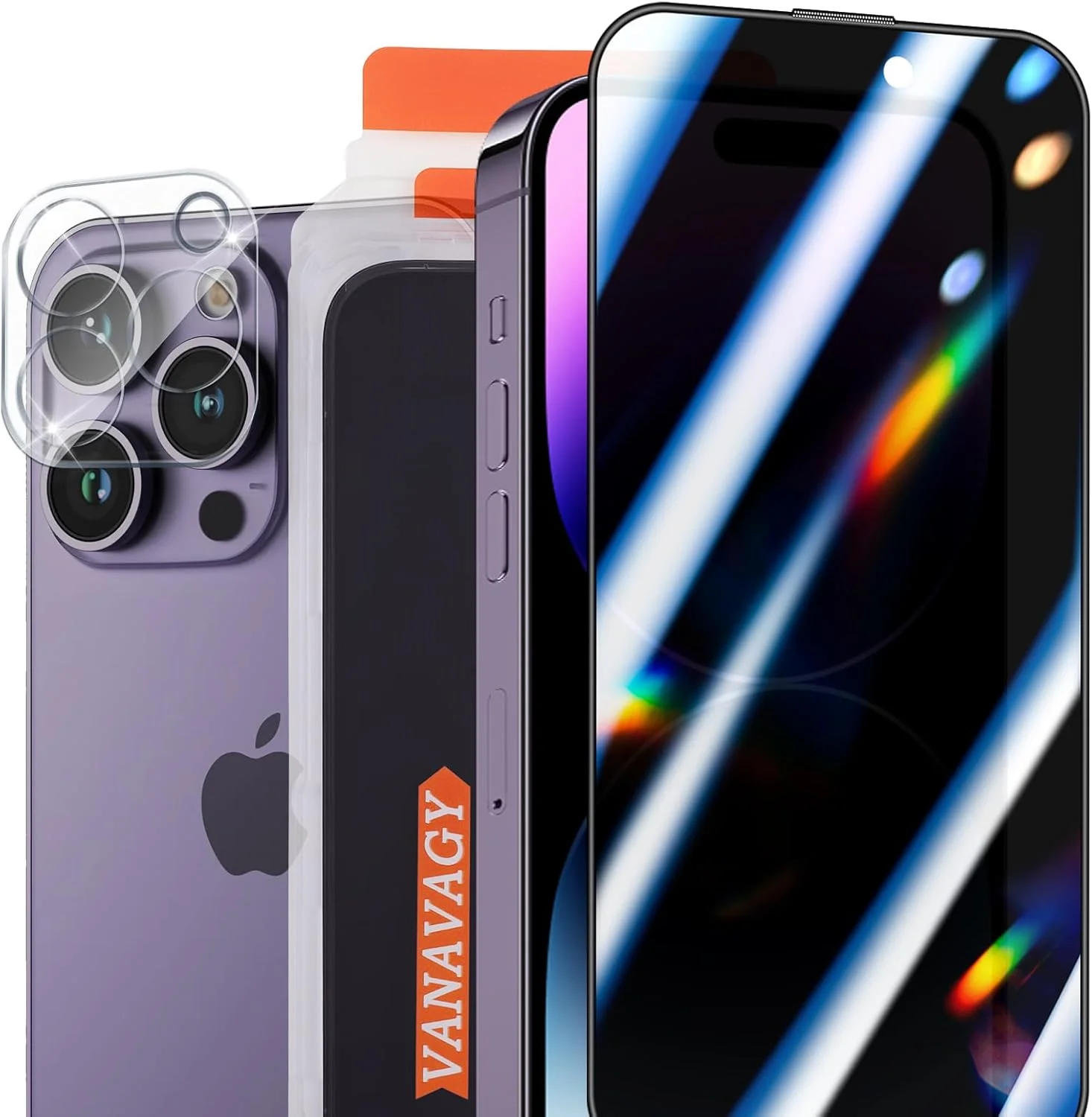 محافظ صفحه نمایش شیشه ای حریم خصوصی VANAVAGY بسته 2 عددی برای آیفون 14 پرو، [محافظ لنز دوربین بسته 2 عددی] [نصب آسان] فیلم آبکاری شده با قاب پوشش کامل برای اپل 14 پرو