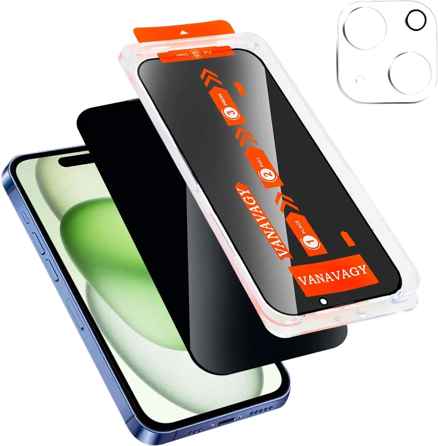 محافظ صفحه نمایش شیشه ای حریم خصوصی VANAVAGY (یک عدد) برای آیفون 15 پلاس، [محافظ لنز دوربین (یک عدد)] [نصب آسان] فیلم آبکاری شده با قاب پوشش کامل برای اپل 15 پلاس