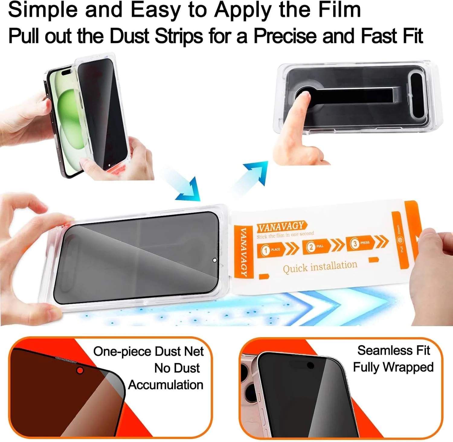 محافظ صفحه نمایش شیشه ای حریم خصوصی VANAVAGY (یک عدد) برای آیفون 15 پلاس، [محافظ لنز دوربین (یک عدد)] [نصب آسان] فیلم آبکاری شده با قاب پوشش کامل برای اپل 15 پلاس