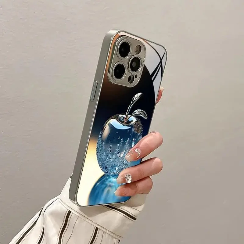 قاب گوشی آیفون با طرح سیب کریستالی آبی – روکش پشتی شیشه ای آبکاری شده با محافظ لنز – شیک، بادوام، باریک – سازگار با تمام سری های آیفون