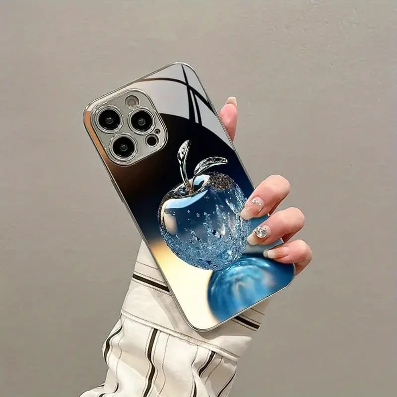 قاب گوشی آیفون با طرح سیب کریستالی آبی – روکش پشتی شیشه ای آبکاری شده با محافظ لنز – شیک، بادوام، باریک – سازگار با تمام سری های آیفون