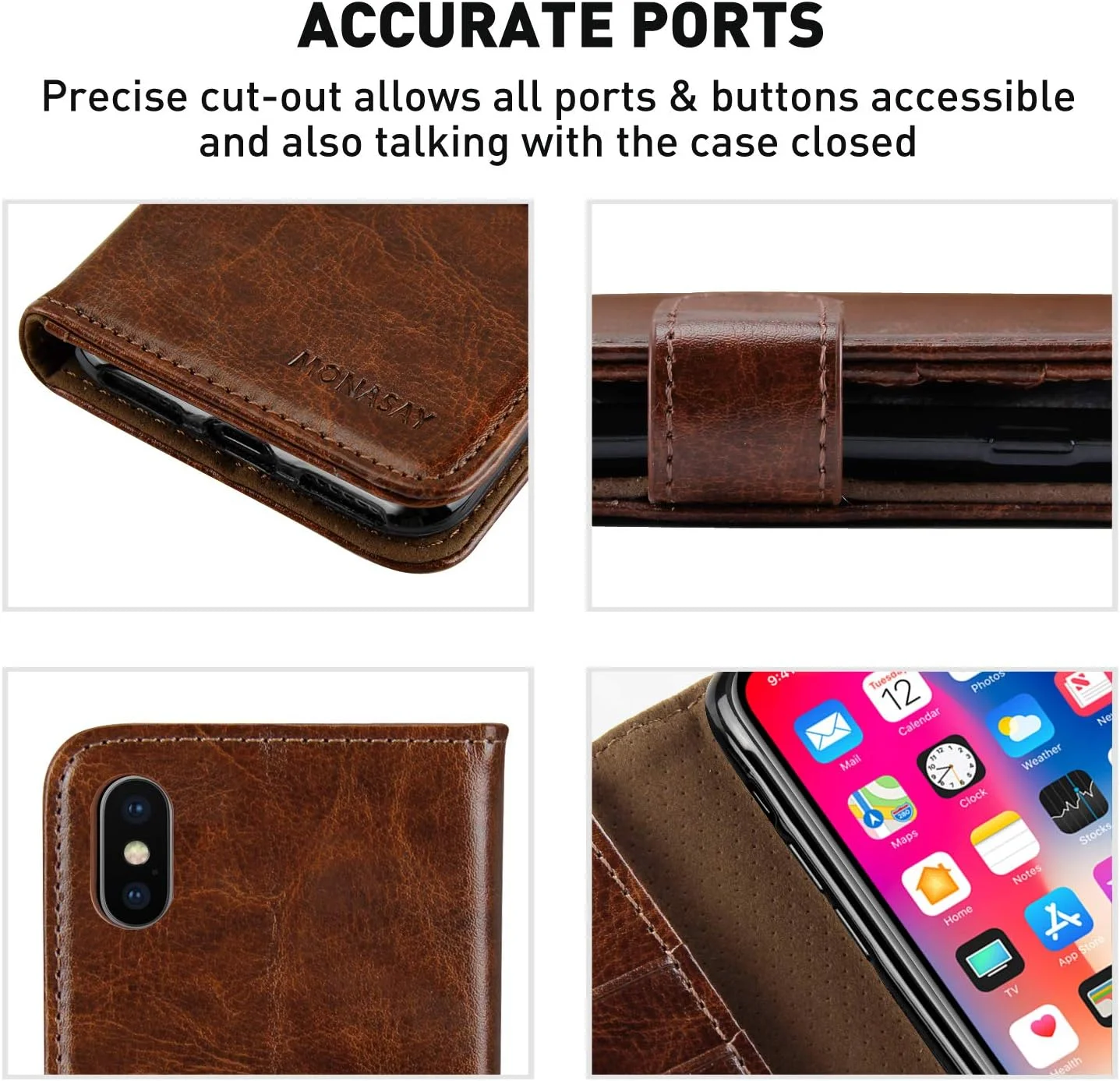 کیف پول چرمی MONASAY برای آیفون XS / آیفون X، 5.8 اینچ، [محافظ صفحه نمایش شیشه ای نیز دارد] کاور گوشی تاشو با جای کارت اعتباری برای اپل آیفون XS / X