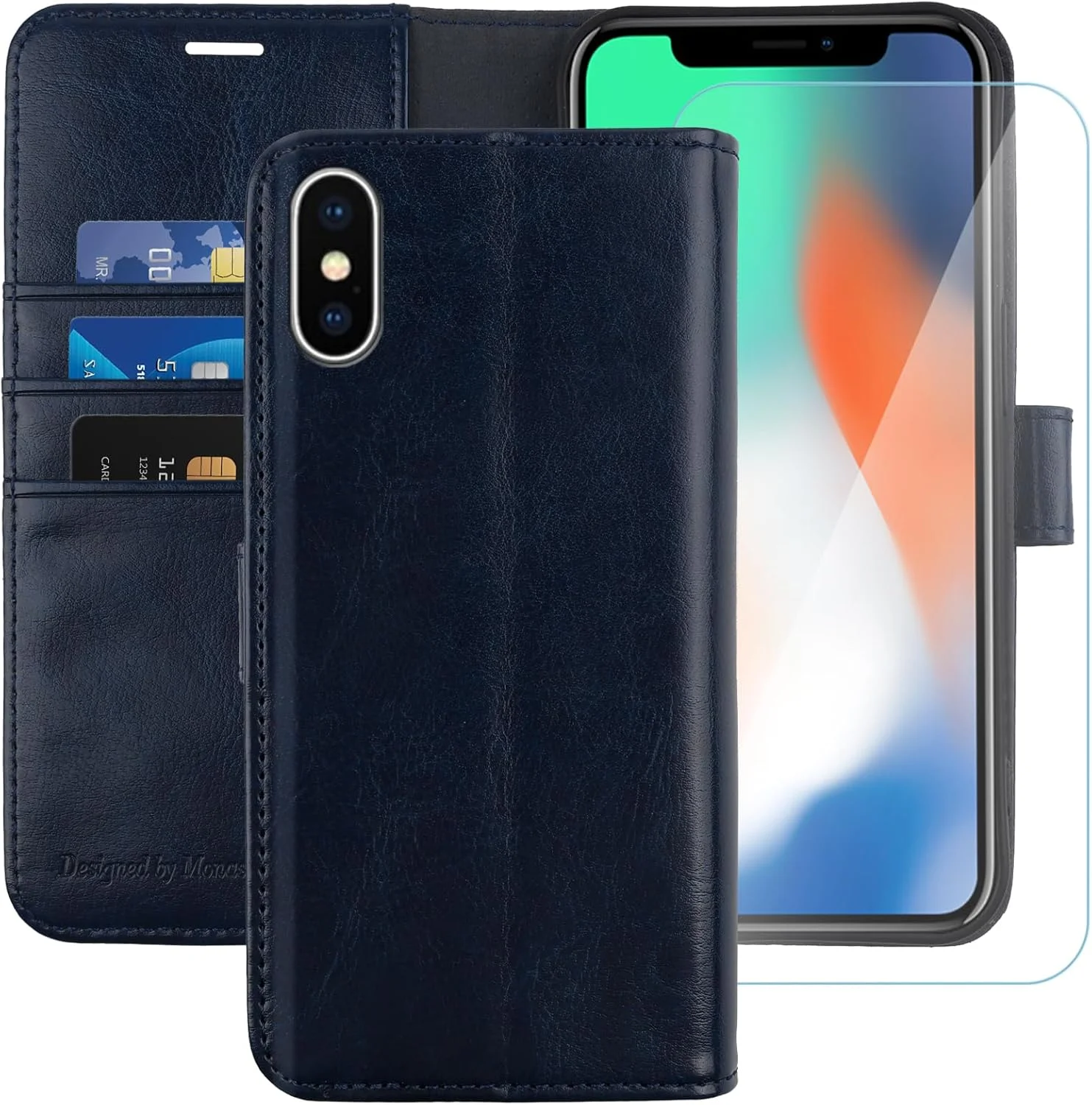 کیف پول چرمی گوشی آیفون XS / X موناسای، 5.8 اینچی به همراه محافظ صفحه نمایش شیشه ای، کاور محافظ گوشی موبایل با جای کارت اعتباری برای اپل آیفون XS / X، آبی کیف پول چرمی گوشی آیفون XS / X موناسای، 5.8 اینچی به همراه محافظ صفحه نمایش شیشه ای، کاور محافظ گوشی موبایل با جای کارت اعتباری برای اپل آیفون XS / X، آبی