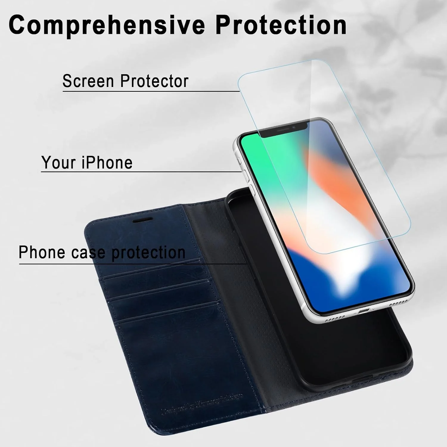 کیف پول چرمی گوشی آیفون XS / X موناسای، 5.8 اینچی به همراه محافظ صفحه نمایش شیشه ای، کاور محافظ گوشی موبایل با جای کارت اعتباری برای اپل آیفون XS / X، آبی کیف پول چرمی گوشی آیفون XS / X موناسای، 5.8 اینچی به همراه محافظ صفحه نمایش شیشه ای، کاور محافظ گوشی موبایل با جای کارت اعتباری برای اپل آیفون XS / X، آبی
