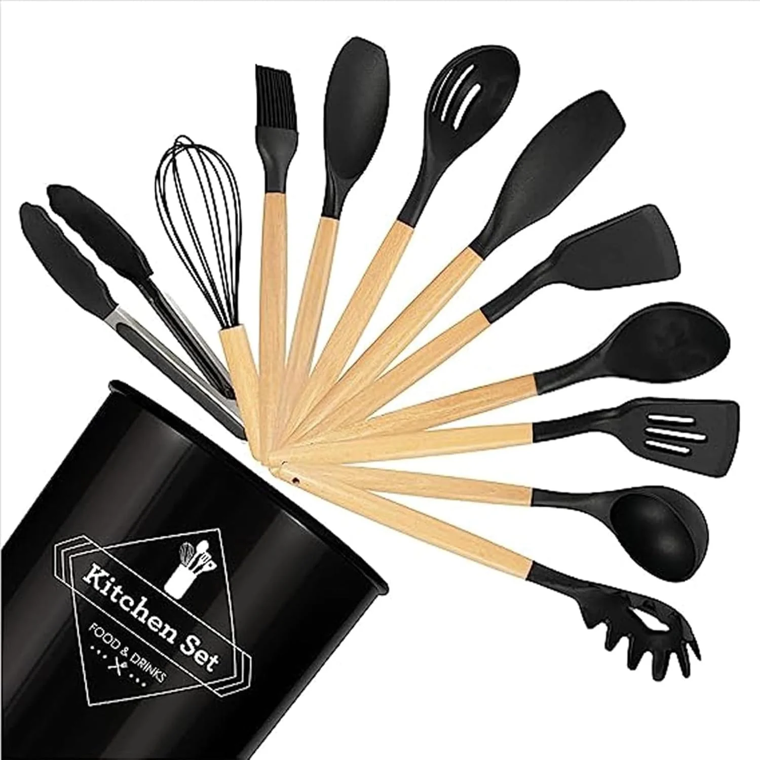 ست ۱۲ تکه لوازم آشپزی سیلیکونی با دسته چوبی مقاوم در برابر حرارت ۲۳۰ درجه فارنهایت، ابزار آشپزی برای ظروف نچسب (مشکی) ست ۱۲ تکه لوازم آشپزی سیلیکونی با دسته چوبی مقاوم در برابر حرارت ۲۳۰ درجه فارنهایت، ابزار آشپزی برای ظروف نچسب (مشکی)