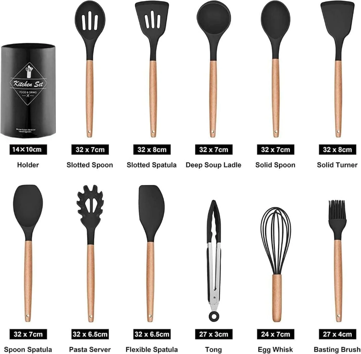 ست ۱۲ تکه لوازم آشپزی سیلیکونی با دسته چوبی مقاوم در برابر حرارت ۲۳۰ درجه فارنهایت، ابزار آشپزی برای ظروف نچسب (مشکی) ست ۱۲ تکه لوازم آشپزی سیلیکونی با دسته چوبی مقاوم در برابر حرارت ۲۳۰ درجه فارنهایت، ابزار آشپزی برای ظروف نچسب (مشکی)
