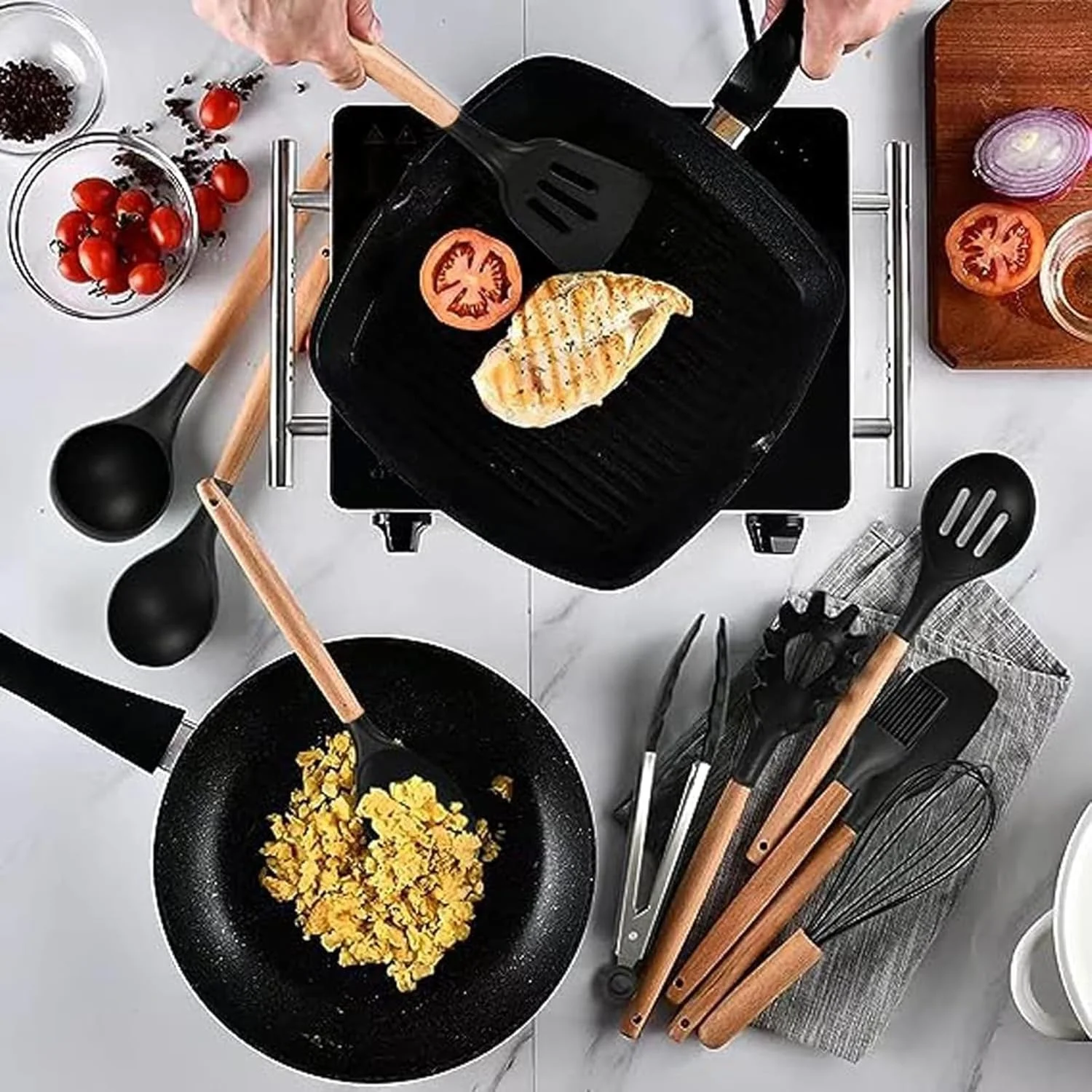 ست ۱۲ تکه لوازم آشپزی سیلیکونی با دسته چوبی مقاوم در برابر حرارت ۲۳۰ درجه فارنهایت، ابزار آشپزی برای ظروف نچسب (مشکی) ست ۱۲ تکه لوازم آشپزی سیلیکونی با دسته چوبی مقاوم در برابر حرارت ۲۳۰ درجه فارنهایت، ابزار آشپزی برای ظروف نچسب (مشکی)