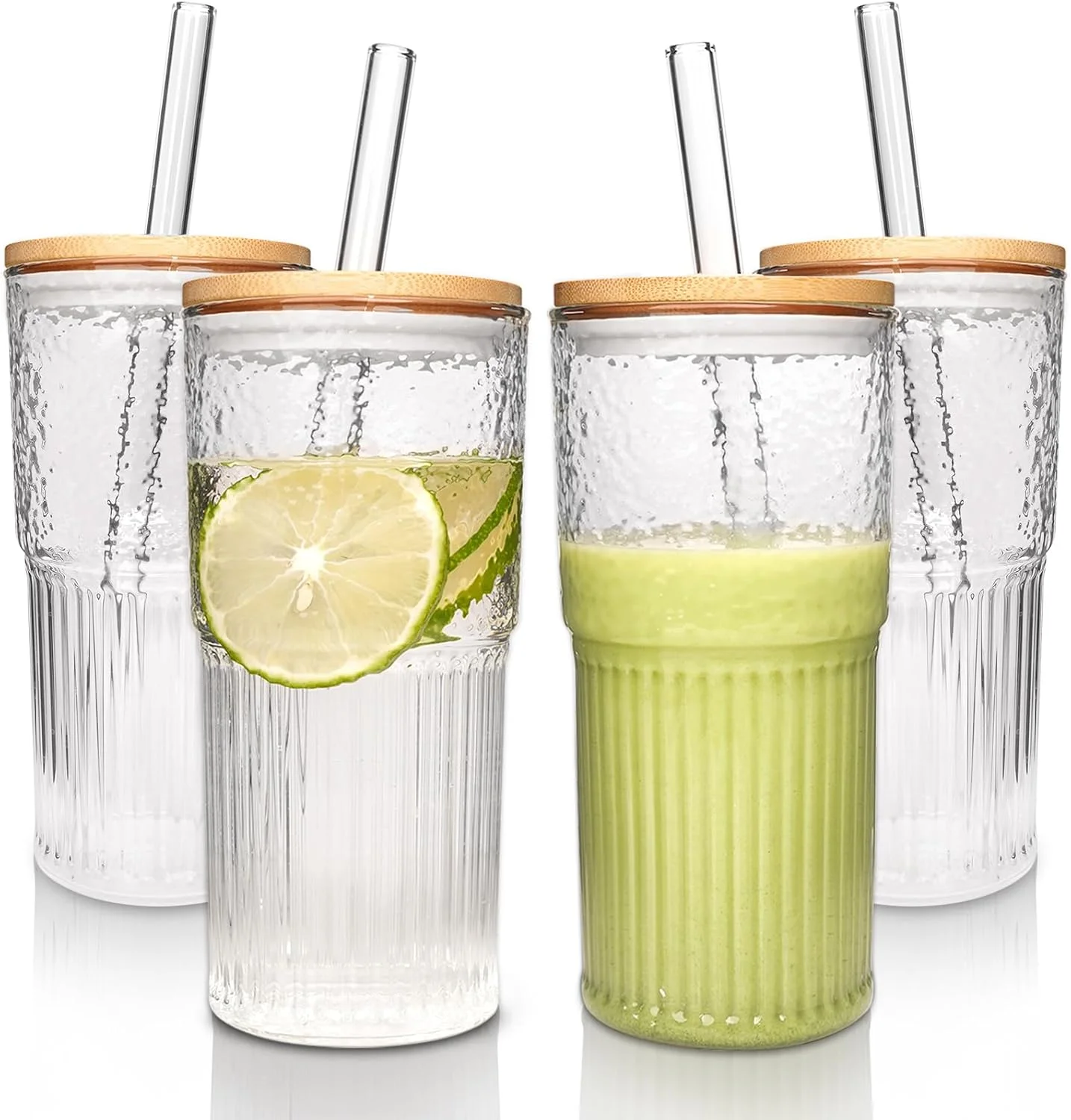 لیوان های شیشه ای ANOTION با درب و نی - فنجان های قهوه 650 میلی لیتری هدیه برای زنان، لیوان های نوشیدنی، لیوان اسموتی یخی، لیوان آب، ظروف شیشه ای راه راه، لیوان های شفاف، ماگ مسافرتی قهوه، ست لیوان