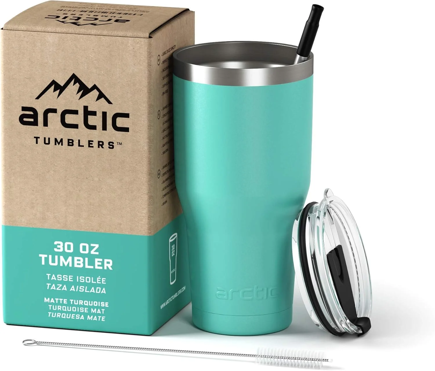 ماگ های آرتیک | ماگ عایق 30 اونسی فیروزه ای مات به همراه نی و برس تمیز کننده - حفظ دما تا 24 ساعت - درب ضد پاشش