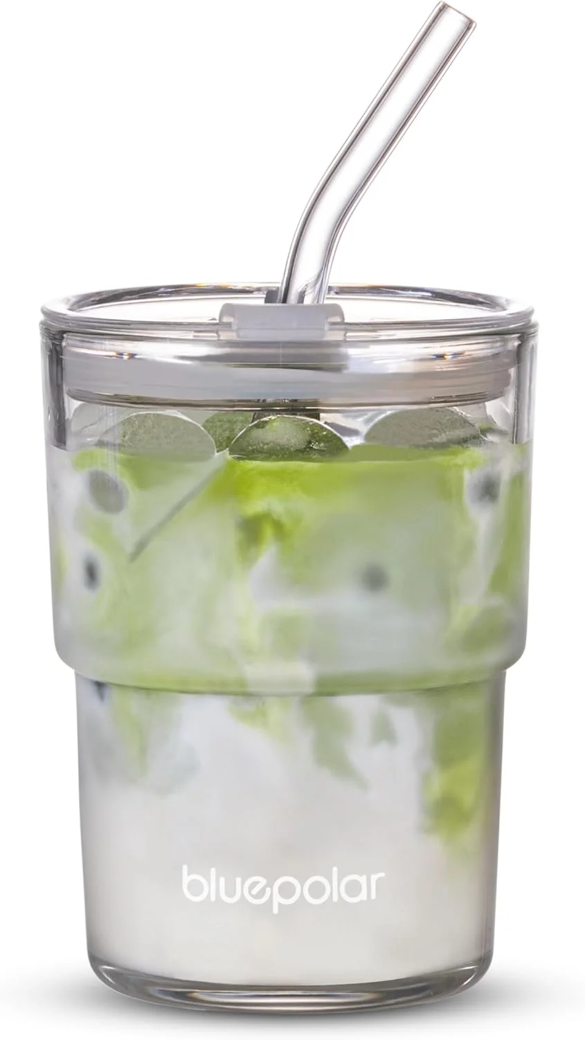 لیوان شیشه ای آب BLUEPOLAR با نی و درب، مناسب برای حمل و نقل، دیواره ضخیم، فنجان شیشه ای قهوه سرد، لیوان شیشه ای برای آب، چای سرد، آب میوه و غیره (سفید Aurora)