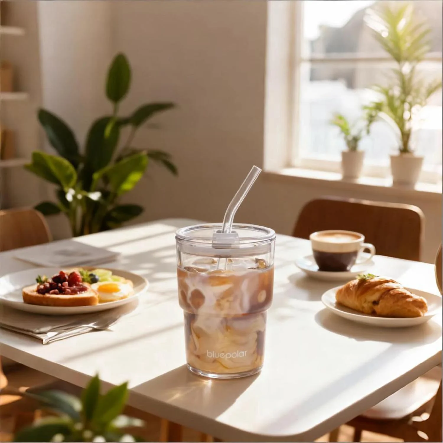 لیوان شیشه ای آب BLUEPOLAR با نی و درب، مناسب برای حمل و نقل، دیواره ضخیم، فنجان شیشه ای قهوه سرد، لیوان شیشه ای برای آب، چای سرد، آب میوه و غیره (سفید Aurora)