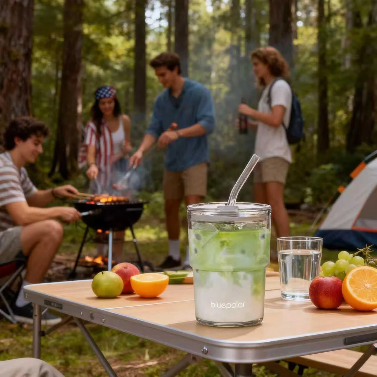 لیوان شیشه ای آب BLUEPOLAR با نی و درب، مناسب برای حمل و نقل، دیواره ضخیم، فنجان شیشه ای قهوه سرد، لیوان شیشه ای برای آب، چای سرد، آب میوه و غیره (سفید Aurora)