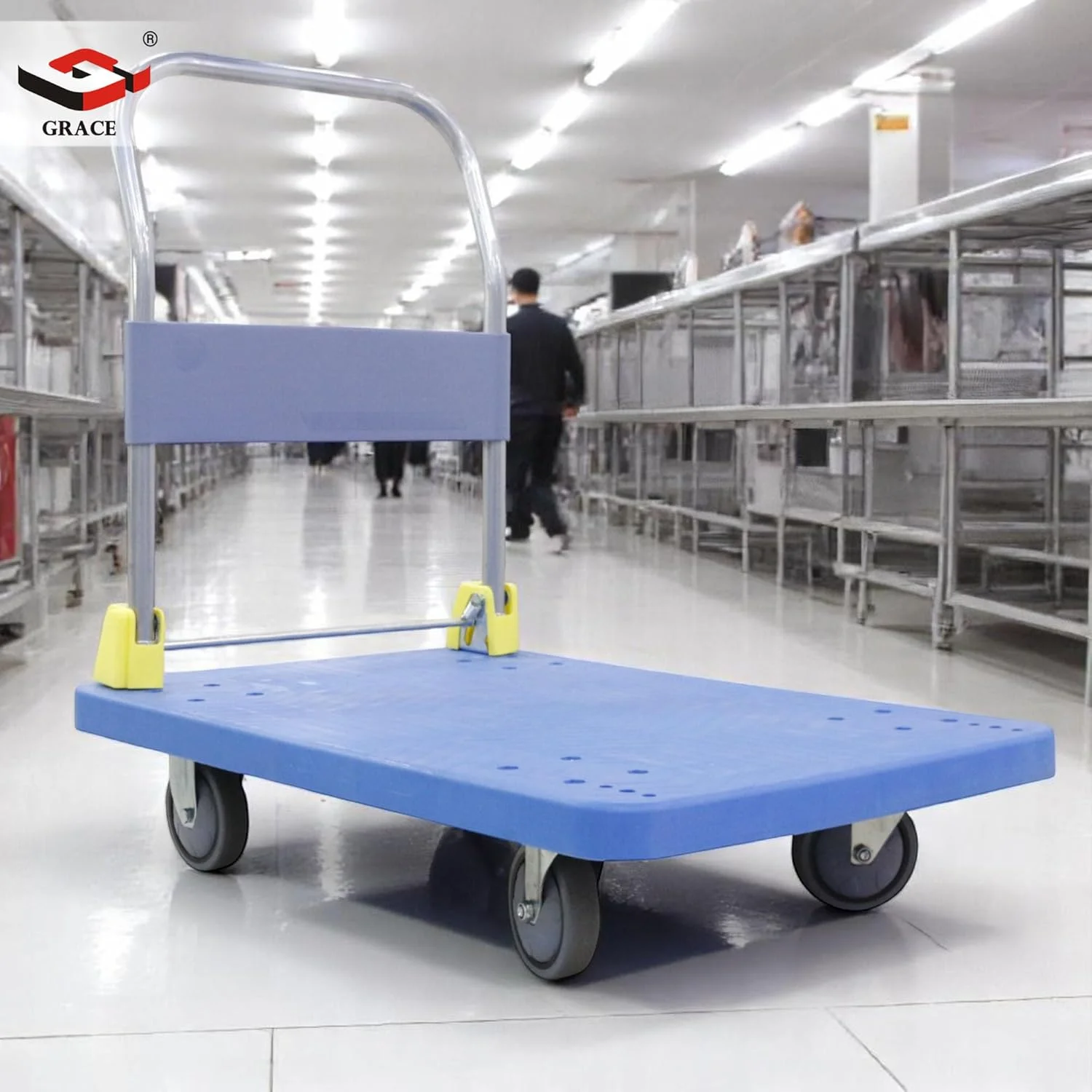 چرخ دستی سکوی 400 کیلوگرمی گریس با چرخ های گردان 360 درجه، چرخ دستی کوچک قابل حمل خانگی، کامیون سنگین برای بارگیری و جابجایی، چرخ های بی صدا، آبی 60 x 90 x 88 سانتی متر