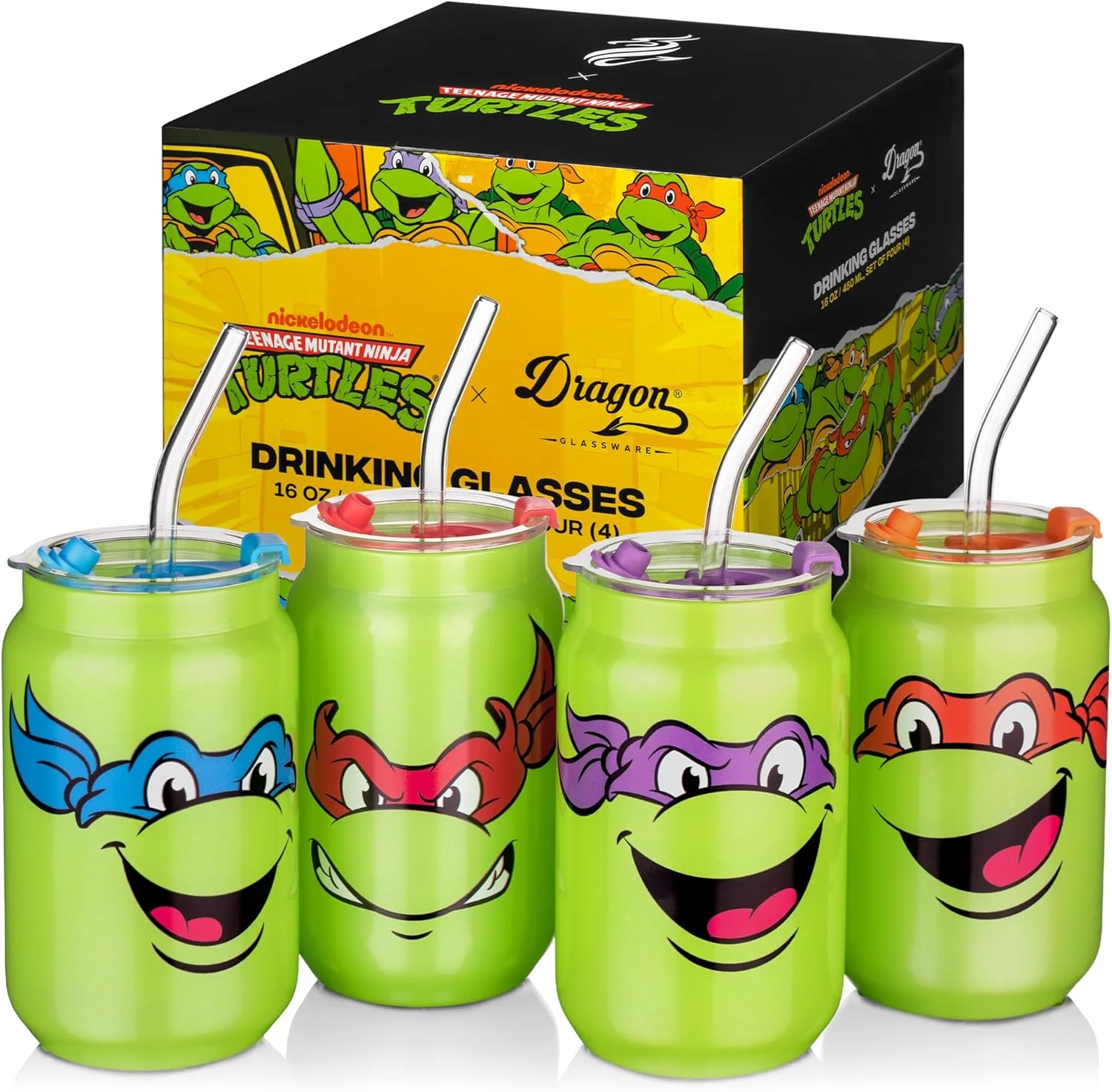 ست 4 تایی لیوان های نوشیدنی 470 میلی لیتری Dragon Glassware x لاک پشت های نینجا - لیوان های شیشه ای با درب و نی - لیوان های قهوه سرد با درب - لیوان شیشه ای قابل استفاده مجدد با نی و درب - TMNT