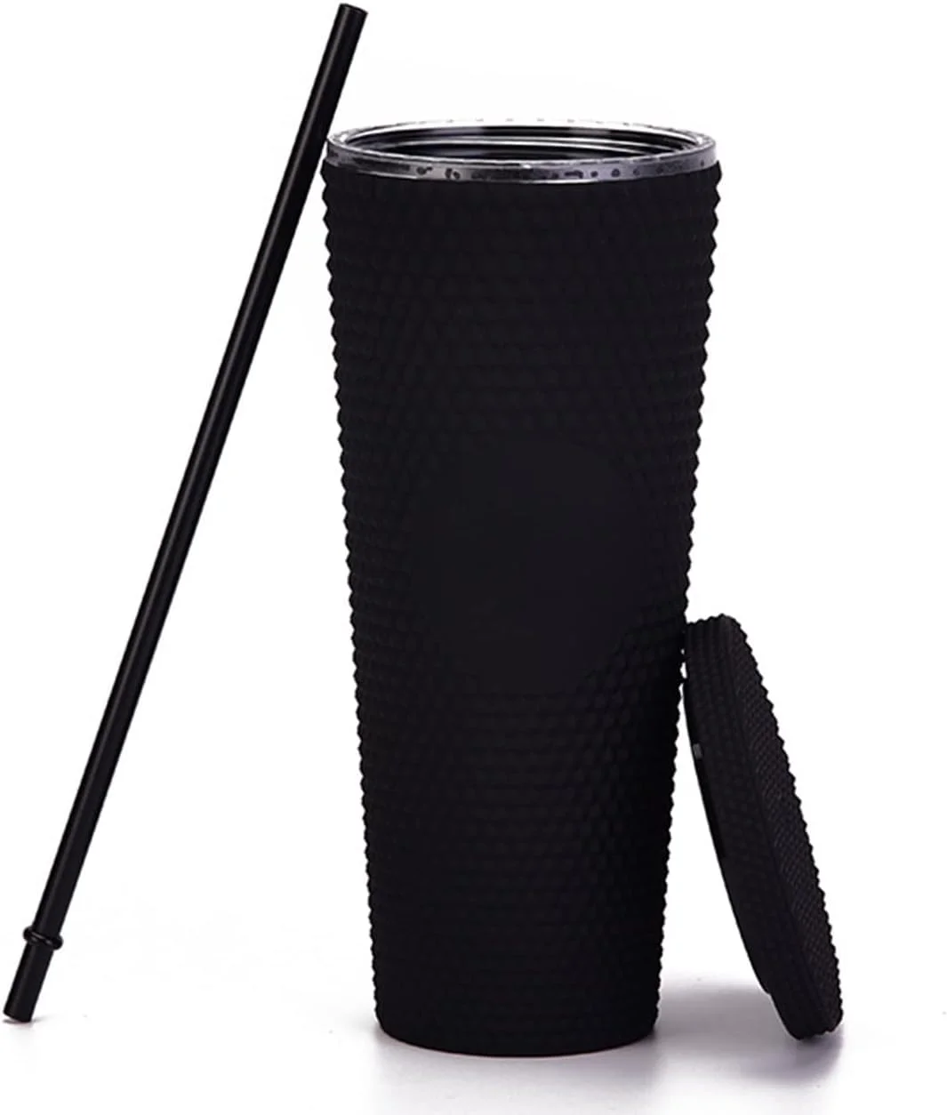 لیوان نی دار ELECDON، لیوان 24 اونسی با نی و درب ضد نشت، رنگین کمانی مات و چند رنگ برای قهوه سرد (مشکی مات، تماما نگین دار)