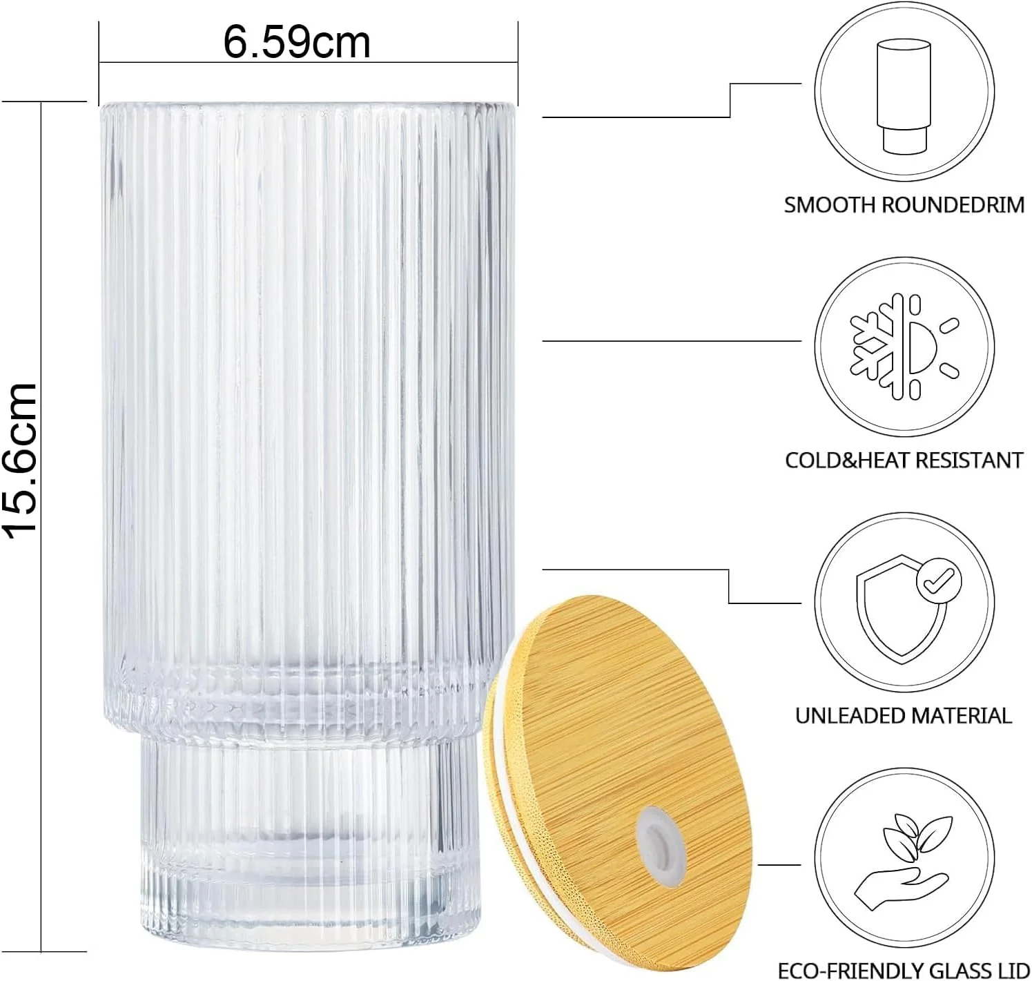 ست ۴ عددی لیوان شیشه ای آجدار با درب و نی، لیوان نوشیدنی آجدار، لیوان شیشه ای شیاردار قدیمی قابل استفاده مجدد برای قهوه سرد، لوازم جانبی بار قهوه برای ویسکی، کوکتل و آبجو