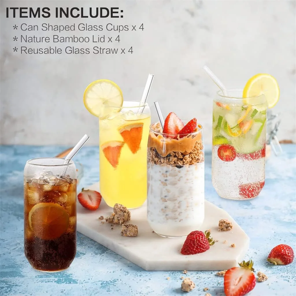 لیوان های شیشه ای طرح قوطی ELECDON با نی شیشه ای و درب بامبو، 4 عدد لیوان آب شفاف، لیوان نوشیدنی آبمیوه با نی برای آب و نوشیدنی مخلوط برای هر نوشیدنی و هر مناسبت (500 میلی لیتر)