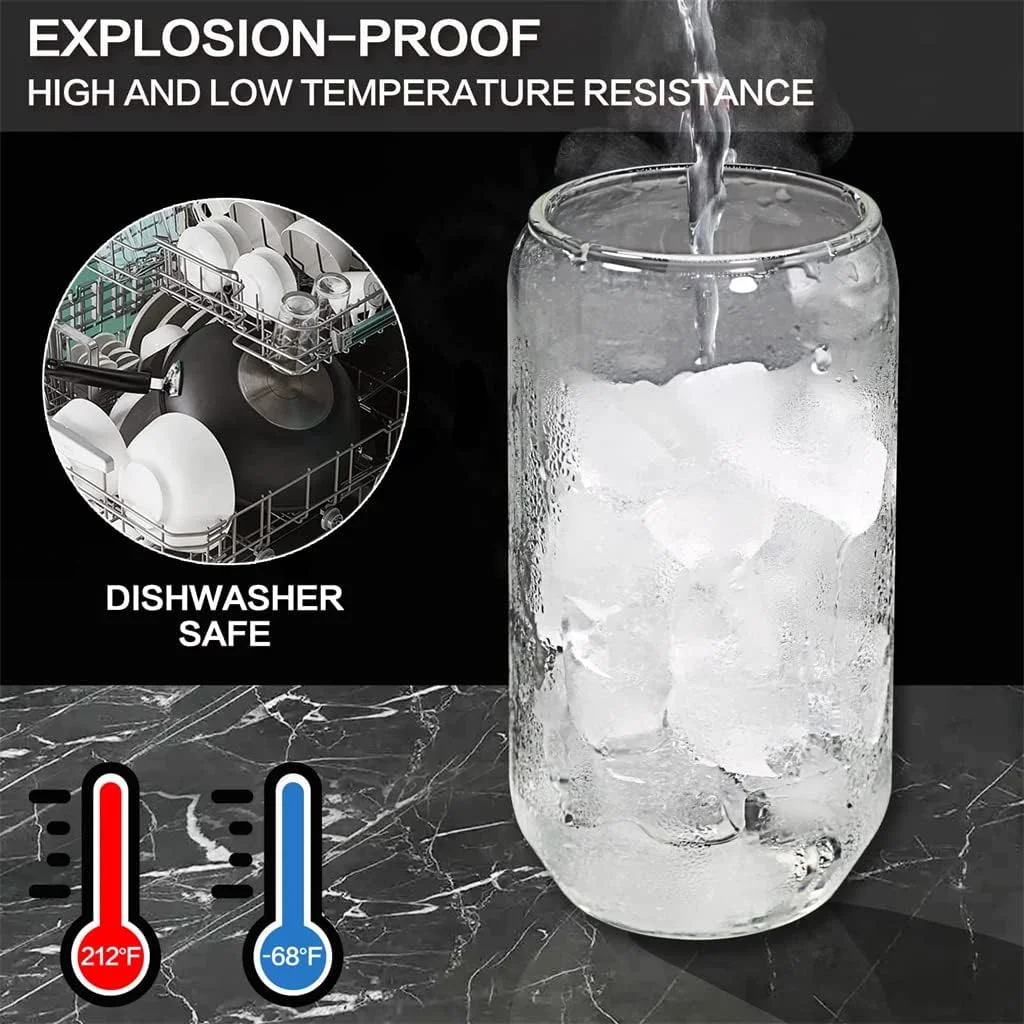 لیوان های شیشه ای طرح قوطی ELECDON با نی شیشه ای و درب بامبو، 4 عدد لیوان آب شفاف، لیوان نوشیدنی آبمیوه با نی برای آب و نوشیدنی مخلوط برای هر نوشیدنی و هر مناسبت (500 میلی لیتر)