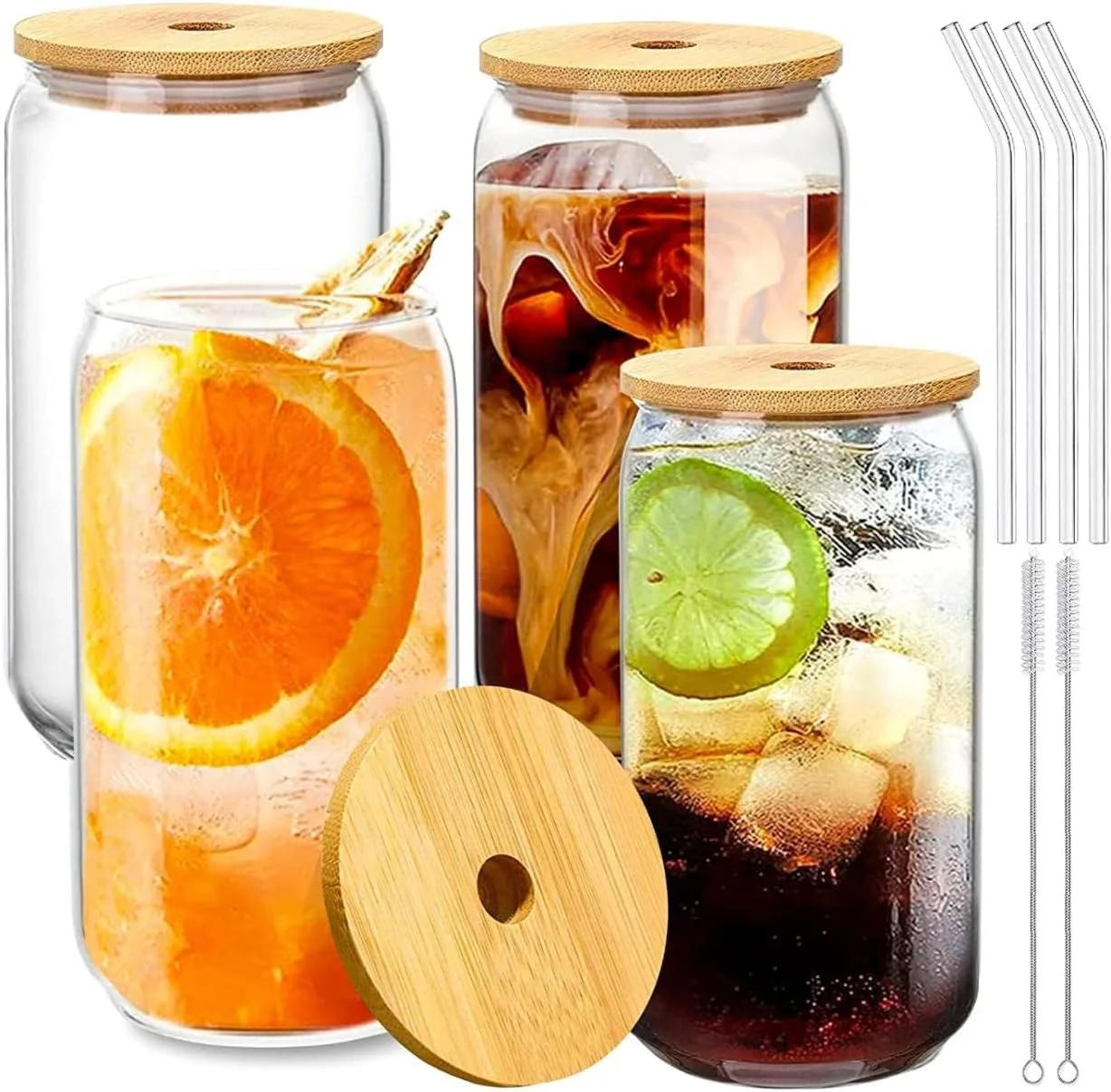 ست ۴ عددی لیوان های نوشیدنی FUFU با درب بامبو و نی شیشه ای، لیوان های شیشه ای طرح قوطی ۱۶ اونسی، لیوان های آبجو، لیوان های قهوه سرد، لیوان فانتزی زیبا، ایده آل برای کوکتل، ویسکی، هدیه به همراه ۲ برس تمیز کننده