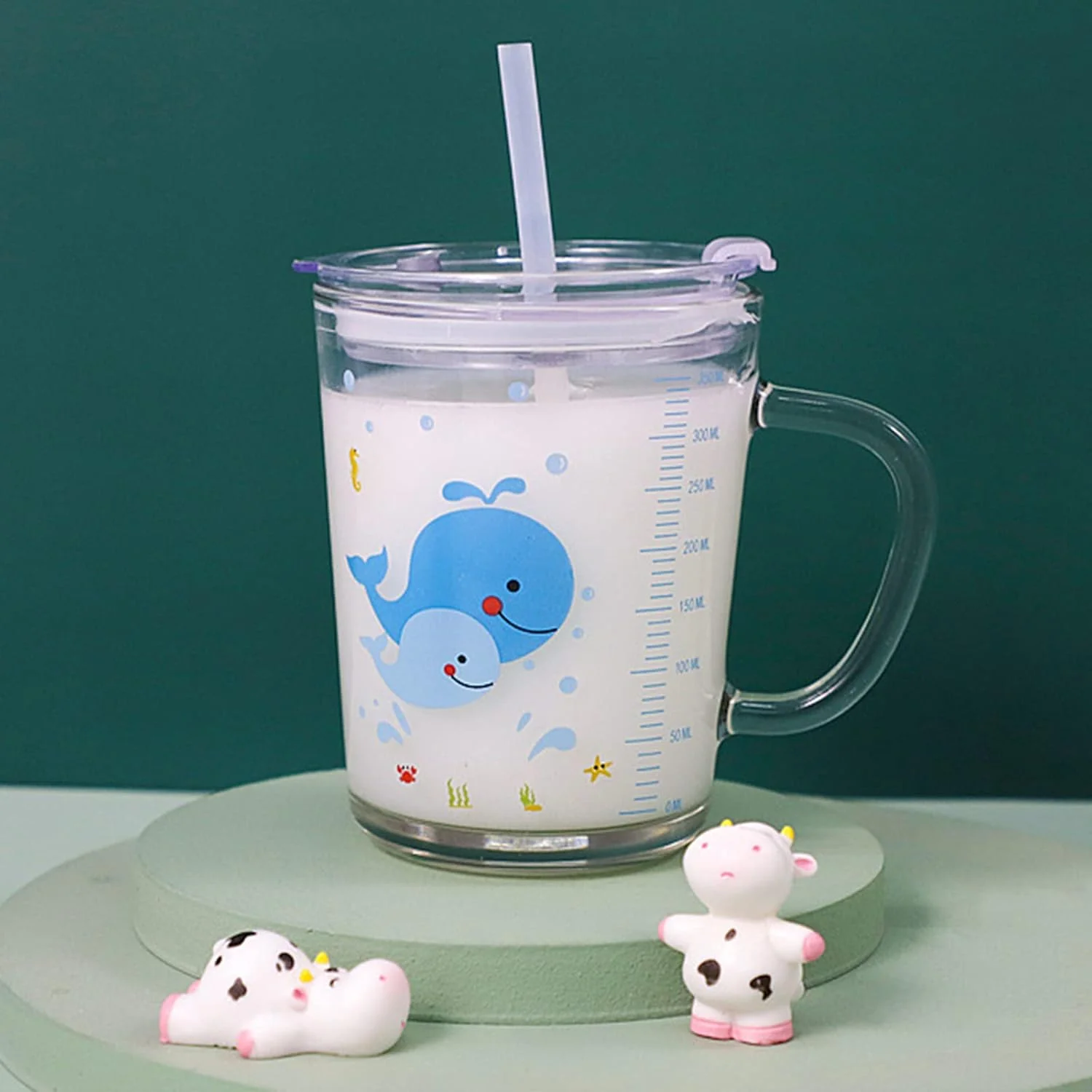 لیوان شیشه ای با نی و درب - لیوان شیر، لیوان آب، ماگ مسافرتی برای کودکان (300-400 میلی لیتر)