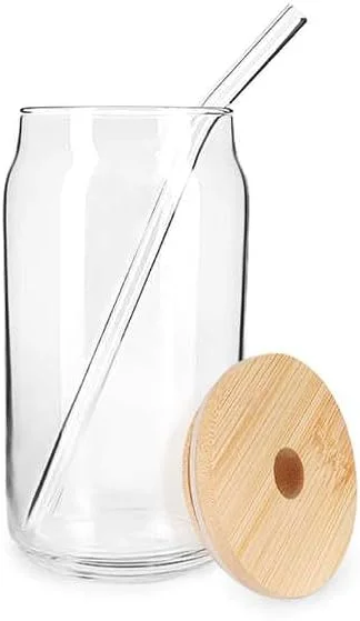 ست دو عددی لیوان شیشه ای درب بامبو و نی نوشیدنی