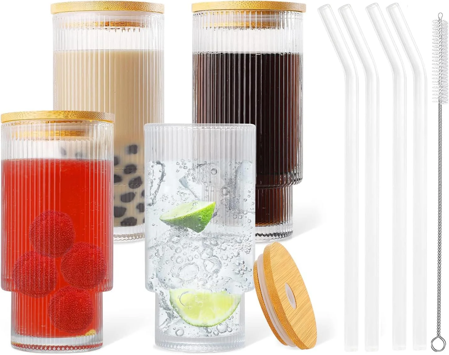 ست ۴ تایی لیوان راه راه با درب بامبو و نی شیشه ای، ظروف شیشه ای شفاف موج دار قدیمی، فنجان های اوریگامی برای آبمیوه، نوشیدنی، قهوه سرد و موارد دیگر (۳۵۰ میلی لیتر)