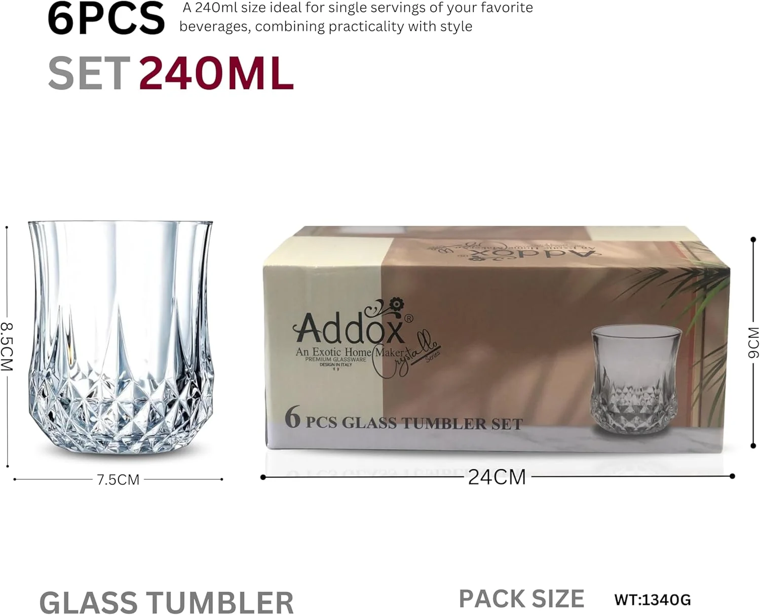 ست لیوان شیشه ای 6 عددی FEELINGS از Addox، لیوان های نوشیدنی ممتاز 240 میلی لیتری (کریستال لوکس)