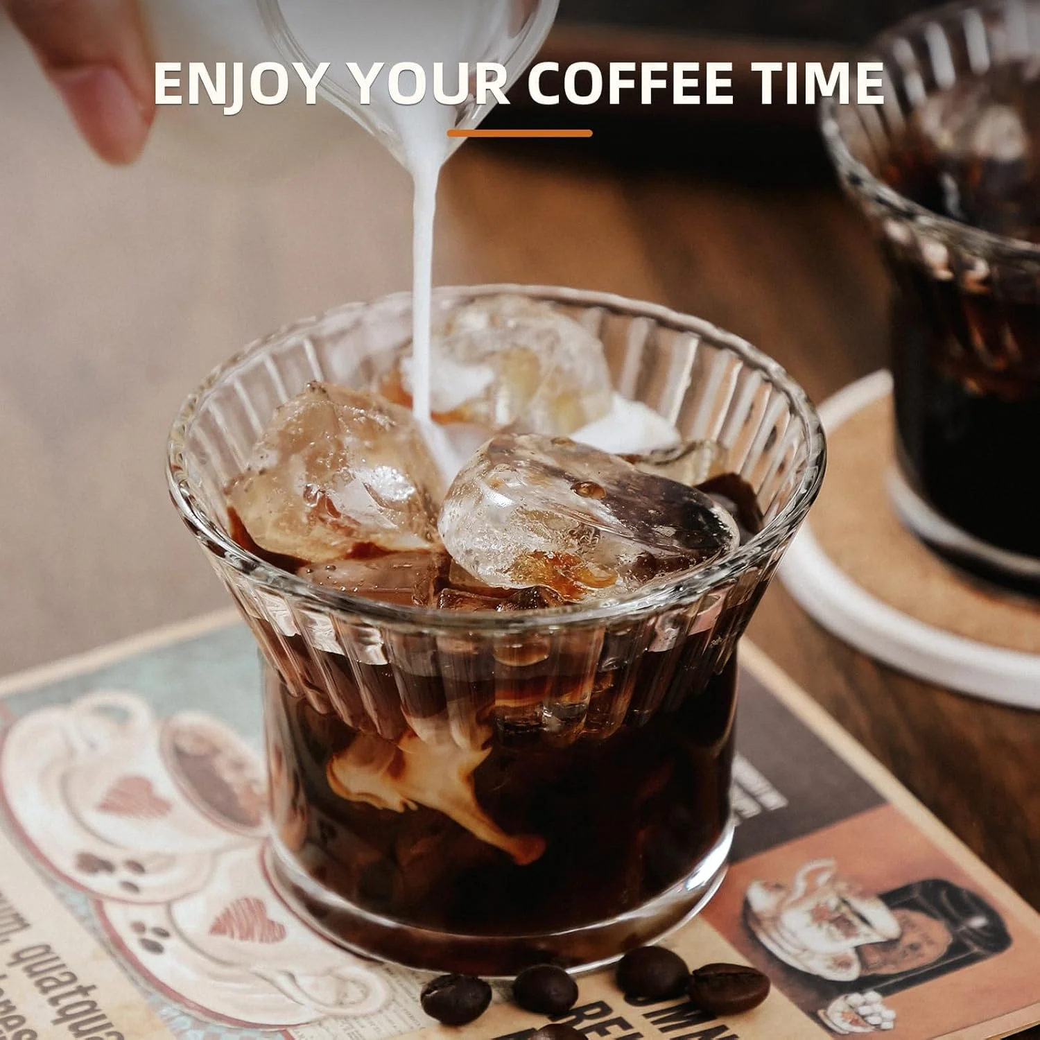 ست لیوان شیشه ای قهوه سرد - لیوان های شیشه ای راه راه قابل استفاده مجدد 200 میلی لیتری، ظروف شیشه ای قدیمی برای نوشیدنی، آب میوه، کوکتل، آب، قهوه سرد، ویسکی، ست 4 عددی