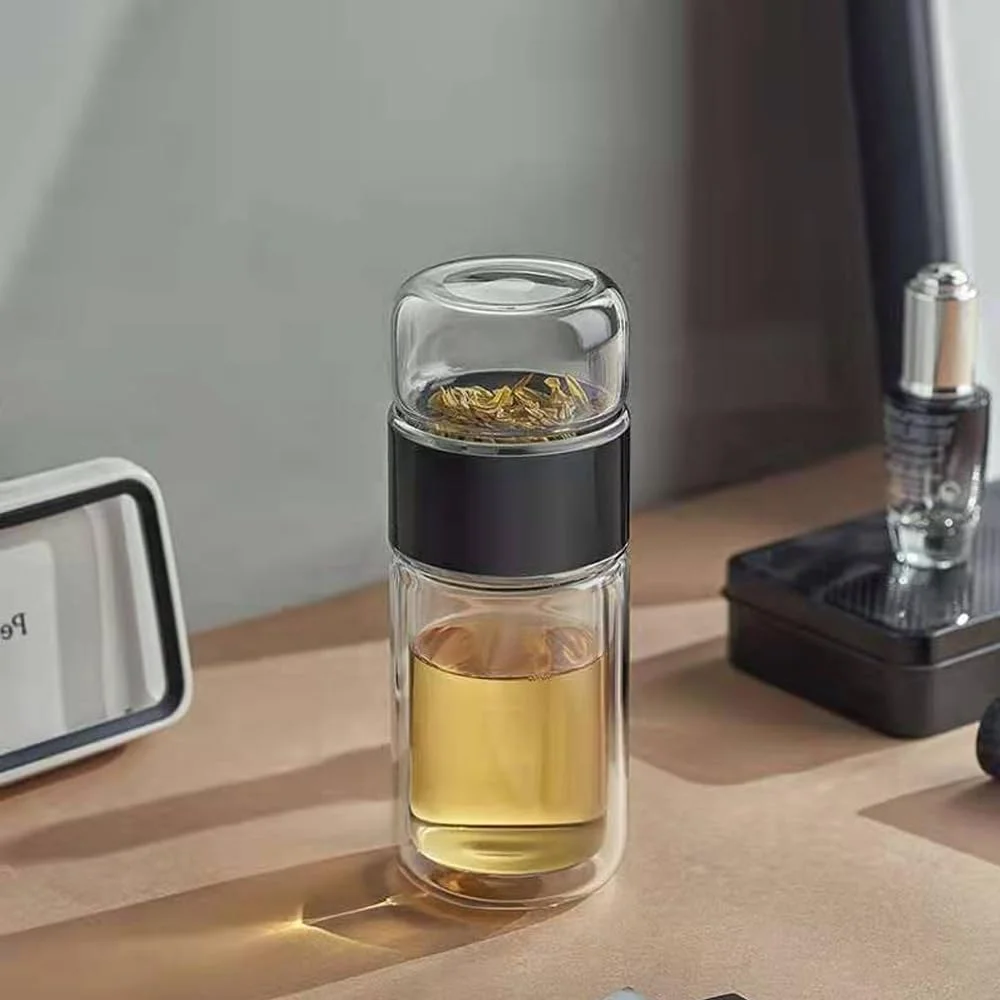بطری دمنوش ساز شیشه ای 350 میلی لیتری Goodern، ماگ مسافرتی شیشه ای دو جداره با فیلتر استیل ضد زنگ، ضد نشت، لیوان مسافرتی قابل حمل، فنجان جدا کننده آب چای، لیوان نوشیدنی چند منظوره زیبا - مشکی