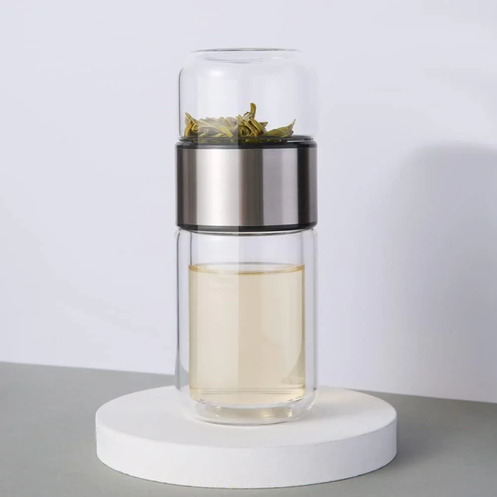 فلاسک دمنوش ساز Goodern با ظرفیت 420 میلی لیتر، فلاسک شیشه ای دمنوش ساز، لیوان شیشه ای دو جداره، ماگ سفری شیشه ای دو جداره با فیلتر استیل، لیوان سفری قابل حمل، فنجان جدا کننده آب و چای - نقره ای