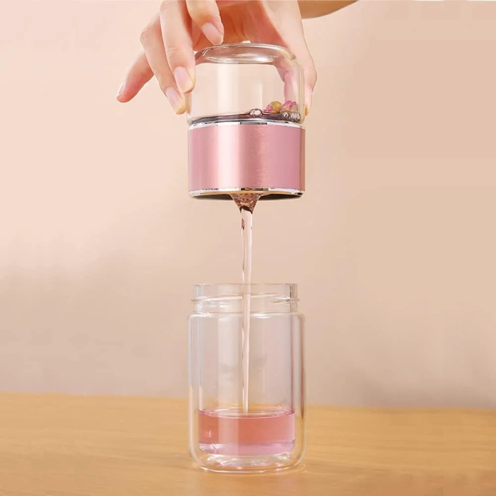 بطری دمنوش ساز شیشه ای 350 میلی لیتری Goodern، ماگ مسافرتی شیشه ای دو جداره با فیلتر استیل ضد زنگ، ضد نشت، لیوان مسافرتی قابل حمل، فنجان جدا کننده آب چای، لیوان نوشیدنی چند منظوره زیبا - مشکی