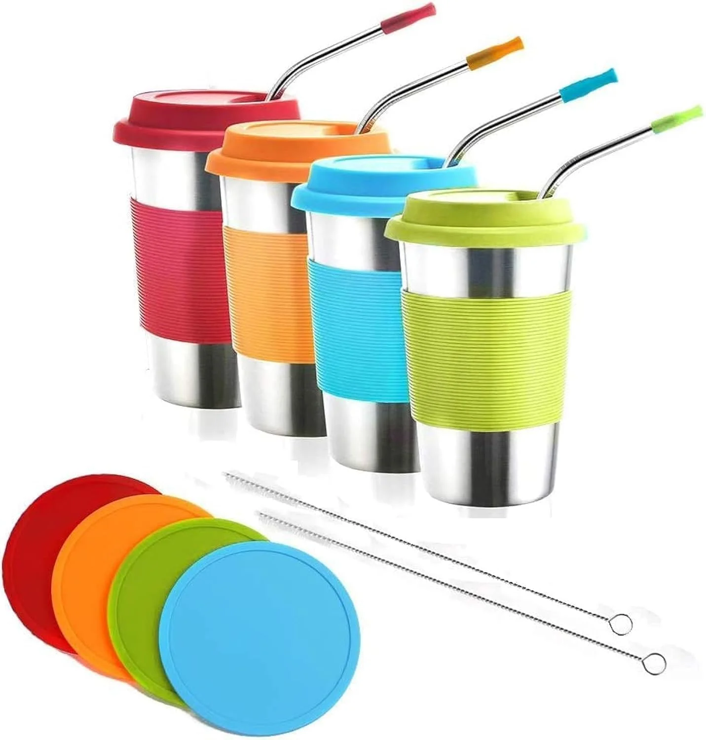 لیوان های استیل ضد زنگ کودک جانیا، بسته 4 عددی 350 میلی لیتری، لیوان های نشکن کودک با درب و نی، لیوان های نوشیدنی آب، لیوان کودک فلزی بدون BPA مناسب کودکان، بزرگسالان، داخل و خارج از منزل