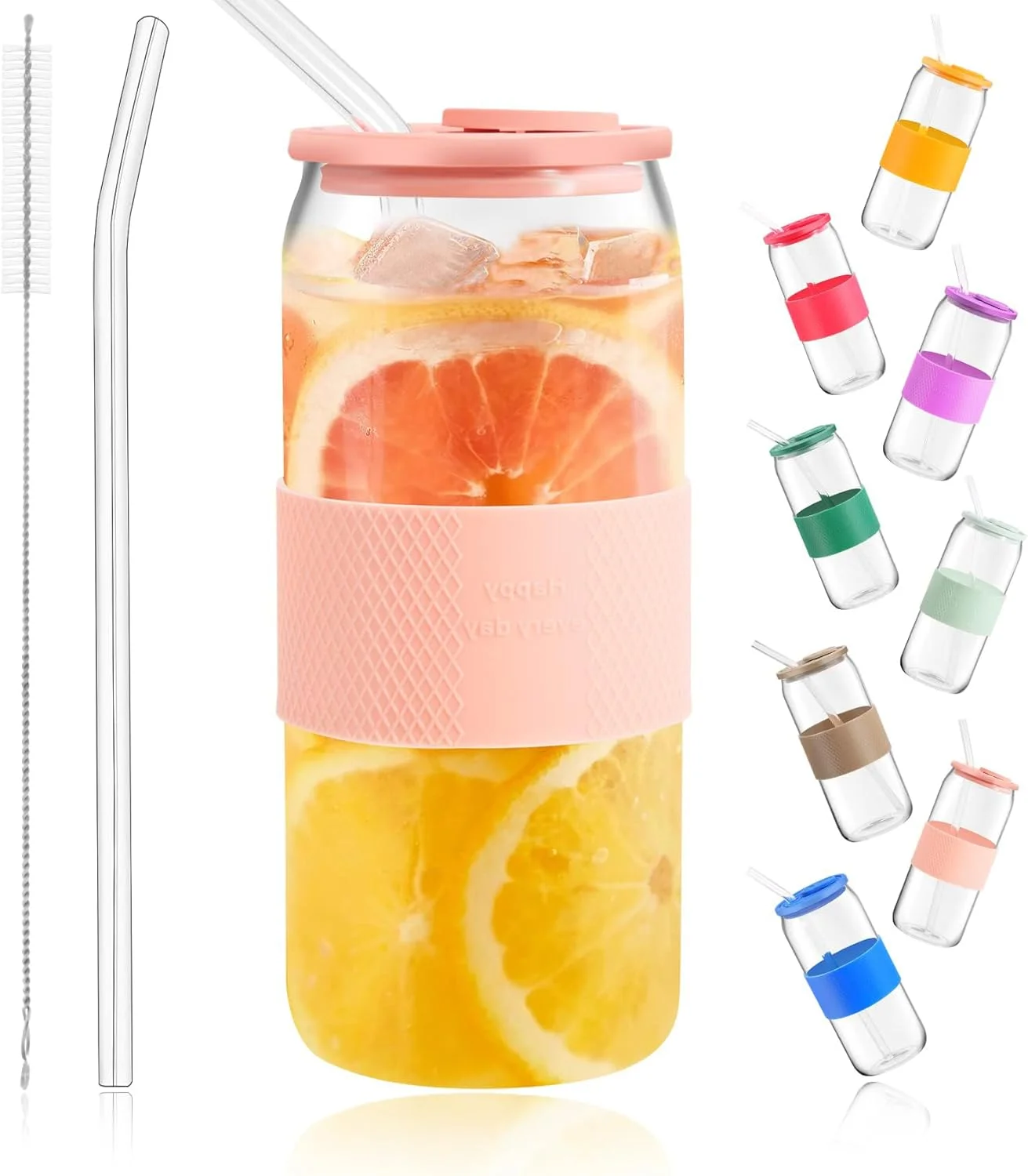 لیوان شیشه ای 600 میلی لیتری Heatunk با درب و آستین سیلیکونی - لیوان قهوه سرد قابل استفاده مجدد، بطری آب مسافرتی، لیوان اسموتی و چای داغ - طرح قوطی نوشابه (صورتی)