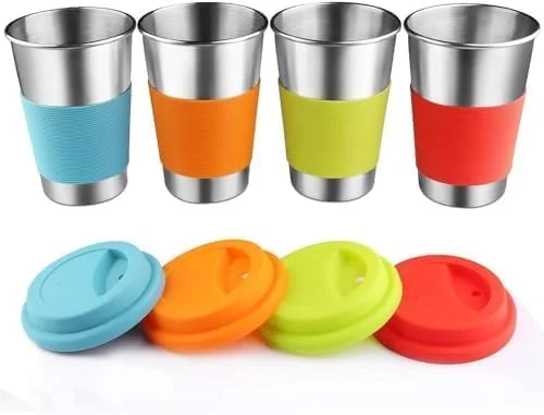 لیوان های استیل ضد زنگ کودک جانیا، بسته 4 عددی 350 میلی لیتری، لیوان های نشکن کودک با درب و نی، لیوان های نوشیدنی آب، لیوان کودک فلزی بدون BPA مناسب کودکان، بزرگسالان، داخل و خارج از منزل