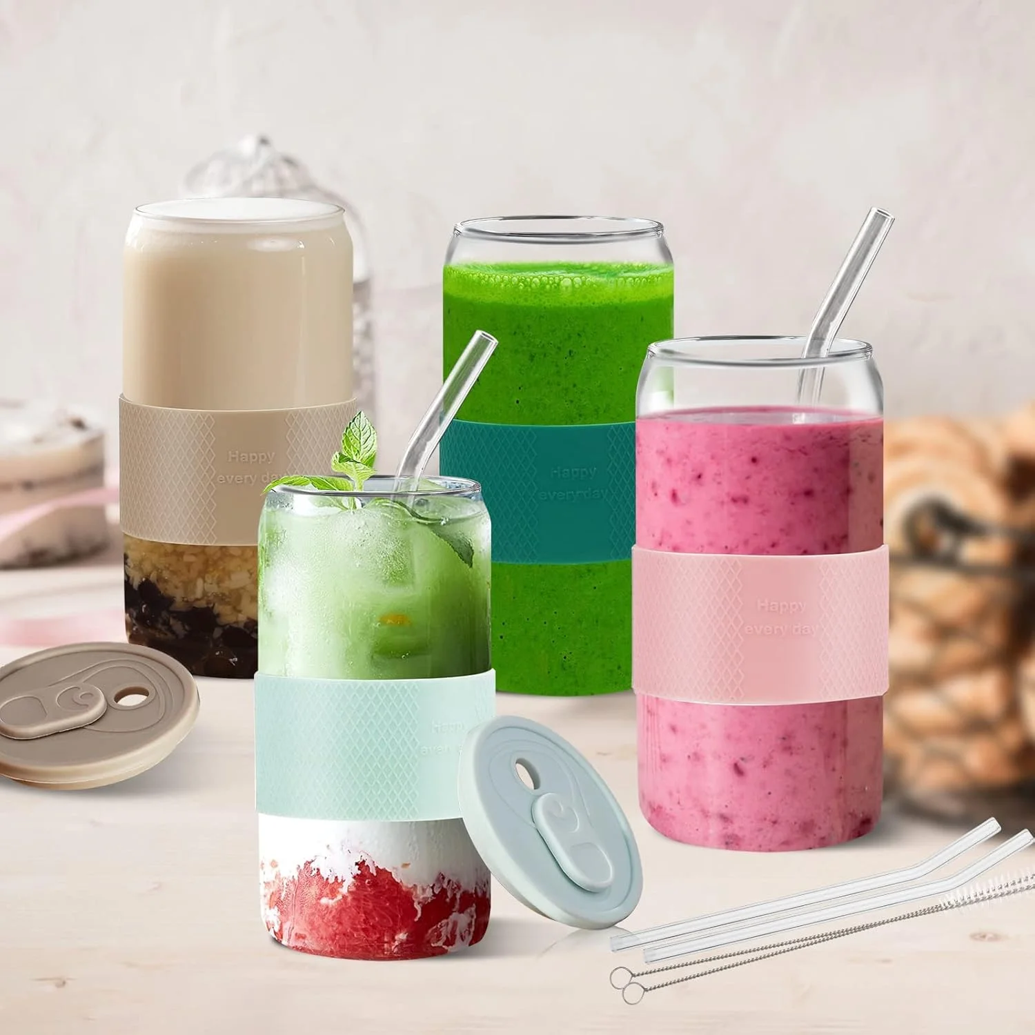 لیوان شیشه ای 600 میلی لیتری Heatunk با درب و آستین سیلیکونی - لیوان قهوه سرد قابل استفاده مجدد، بطری آب مسافرتی، لیوان اسموتی و چای داغ - طرح قوطی نوشابه (صورتی)