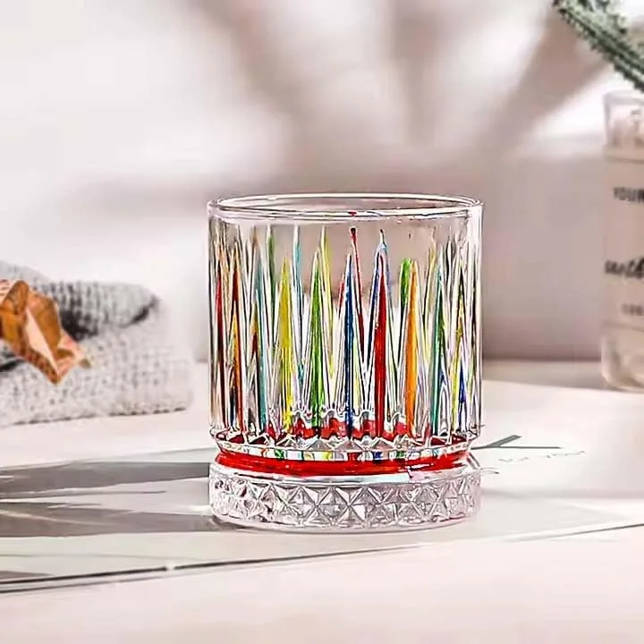 لیوان های رنگارنگ راه راه بار، لیوان های ویسکی نقاشی شده با دست - لیوان های شیشه ای رنگی راه راه (کوچک، 350 میلی لیتر)