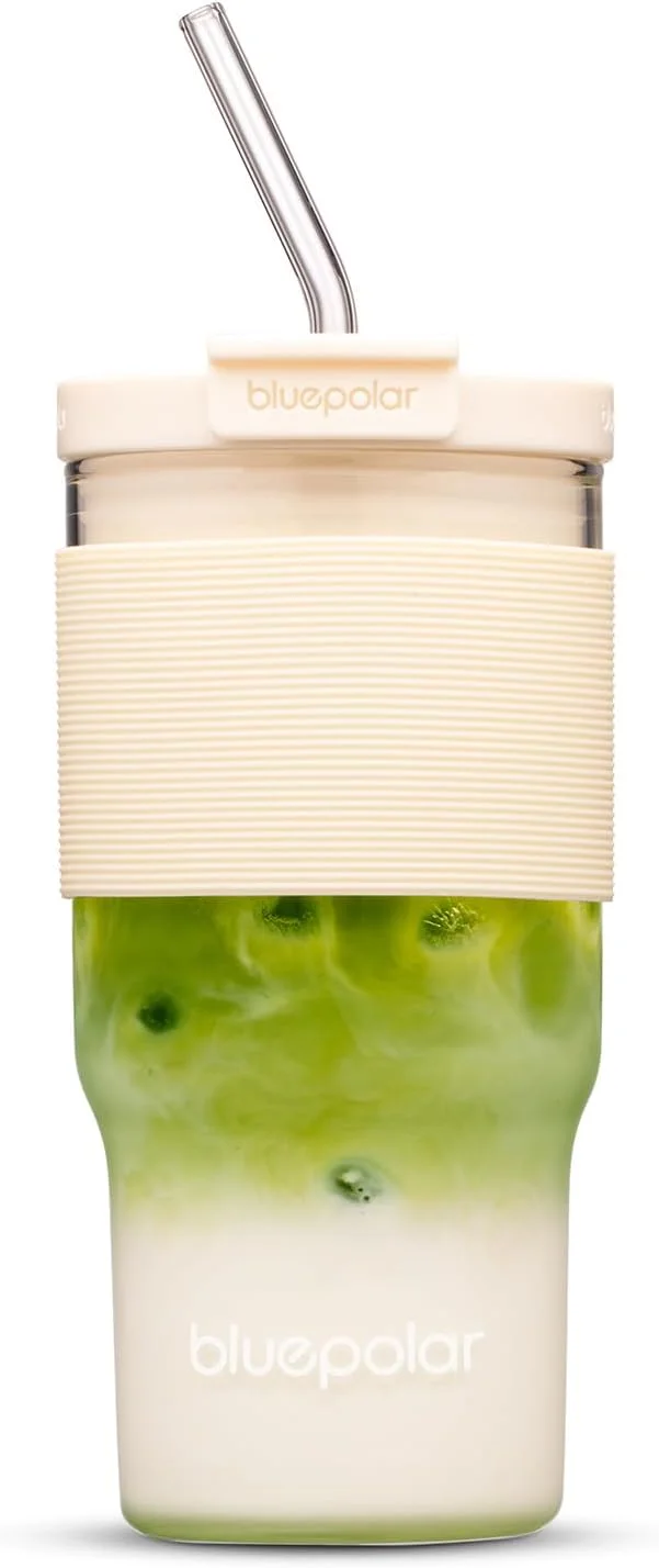 لیوان شیشه ای ماتچا با نی و درب - لیوان مسافرتی قابل حمل ضد نشت برای اسموتی، قهوه سرد و نوشیدنی های خنک - بادوام و سازگار با محیط زیست (سفید با آستین)