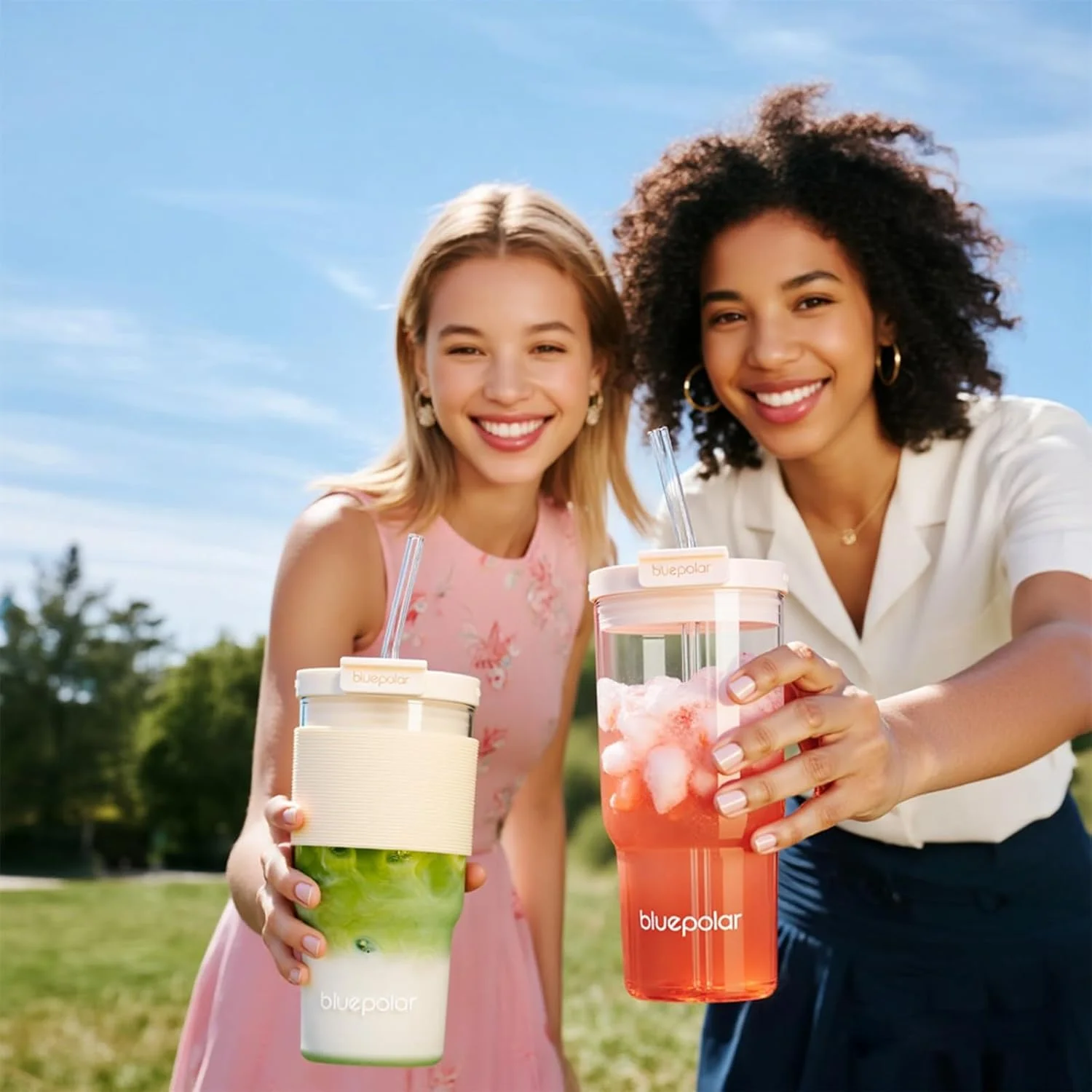 لیوان شیشه ای ماتچا با نی و درب - لیوان مسافرتی قابل حمل ضد نشت برای اسموتی، قهوه سرد و نوشیدنی های خنک - بادوام و سازگار با محیط زیست (سفید با آستین)