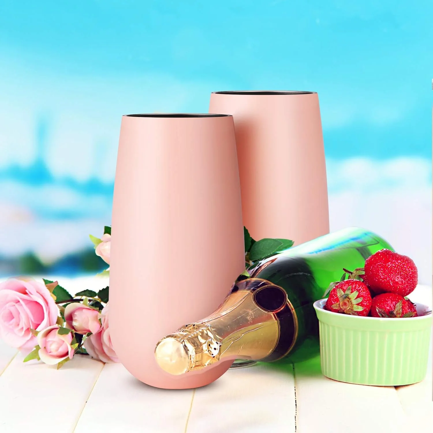 لیوان شامپاین بدون پایه ماکستات، 6 عدد، دوجداره، لیوان کوکتل نشکن استیل ضد زنگ 6 اونسی برای قهوه و نوشیدنی (صورتی)