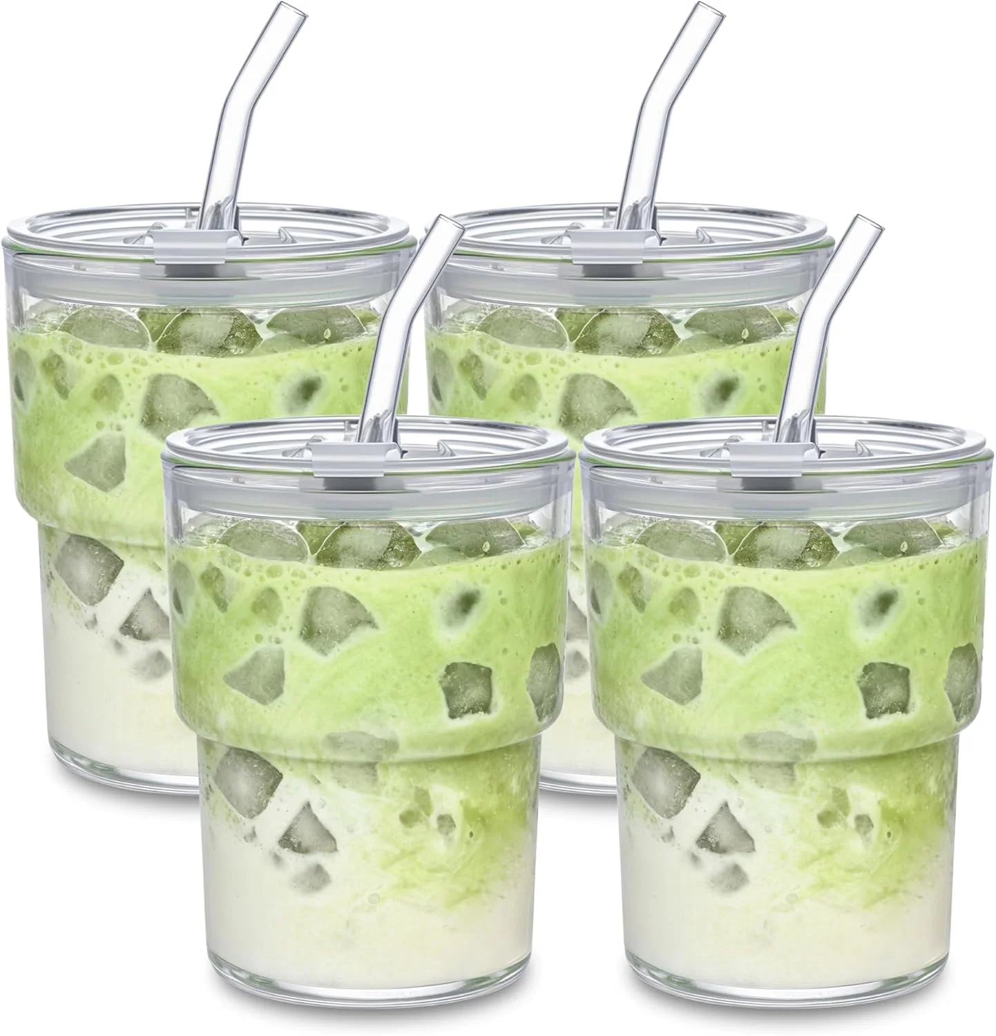 لیوان قهوه سرد 384 میلی لیتری MINGHYZYA، لیوان شیشه ای قابل استفاده مجدد با نی و درب، لیوان های شیشه ای دیواره ضخیم با درب و نی برای ماچا، اسموتی، لیوان های شیشه ای نوشیدنی (شفاف - 4 عدد)