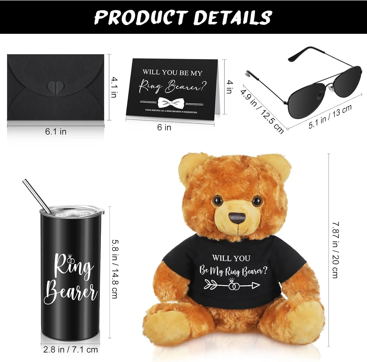 ست هدیه 6 تکه پیشنهاد حلقه بردار، خرس عروسکی با لیوان حلقه بردار، کارت پیشنهاد حلقه بردار با پاکت و عینک آفتابی برای هدیه روز ولنتاین