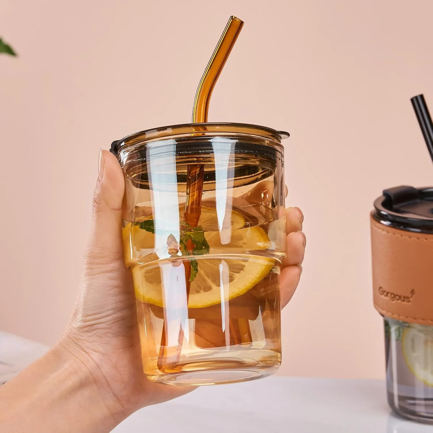 لیوان شیشه ای نی دار MAKINGTEC با درب و روکش محافظ چرمی، لیوان 15 اونسی با قابلیت استفاده دوگانه برای نی و نوشیدن مستقیم