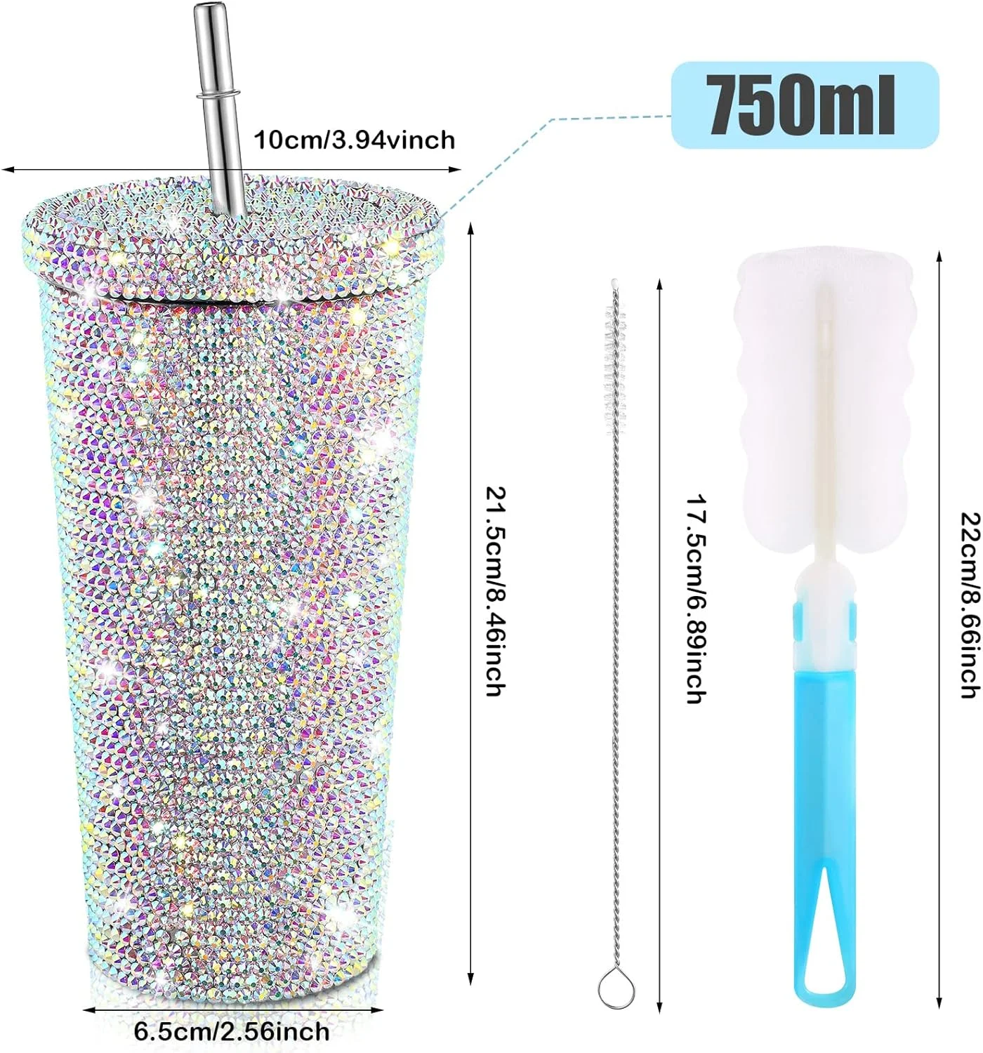 فلاسک آب نگین دار Mimorou با درب، نی حرارتی استیل ضد زنگ و برس شستشوی فنجان و نی (700 میلی لیتر، رنگ AB)