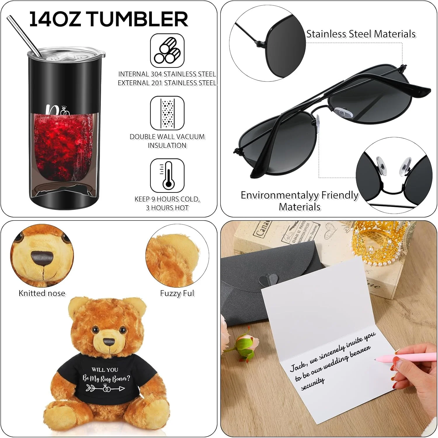 ست هدیه 6 تکه پیشنهاد حلقه بردار، خرس عروسکی با لیوان حلقه بردار، کارت پیشنهاد حلقه بردار با پاکت و عینک آفتابی برای هدیه روز ولنتاین