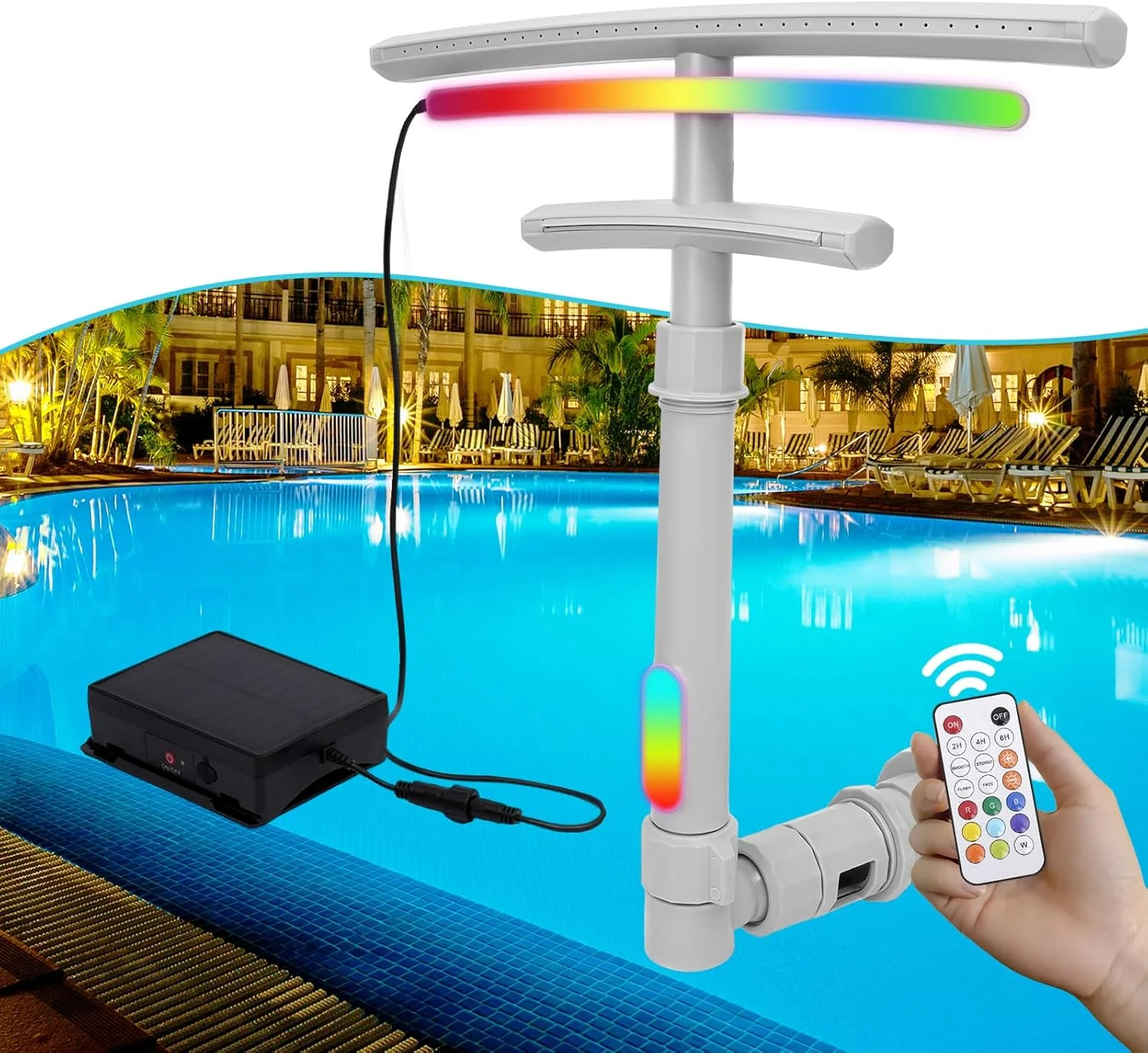 آبنمای استخر با چراغ برای استخرهای روکار و توکار، آبشار دو لایه با انرژی خورشیدی، خنک کننده و هواده استخر، لوازم جانبی استخر با چراغ های 9 رنگ و 4 حالت